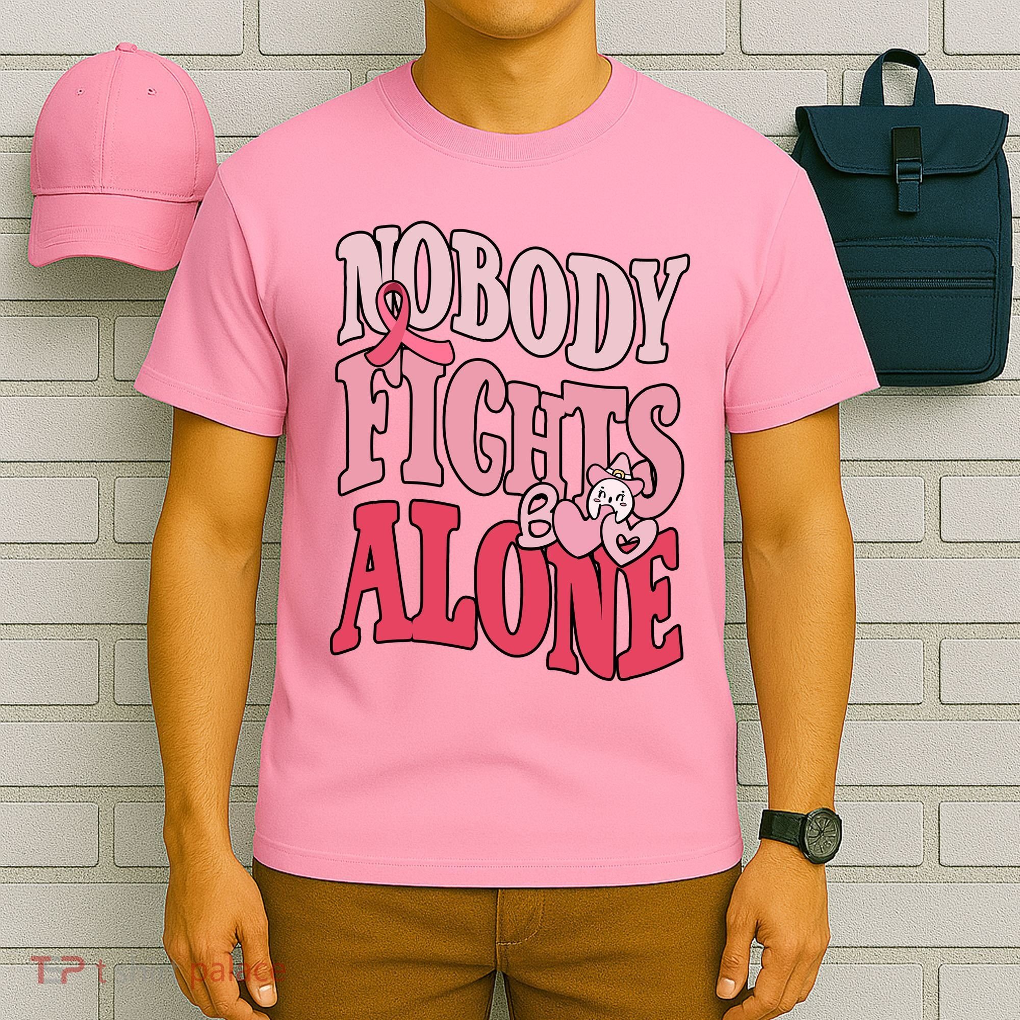 Nobody Fights Alone Breast Cancer Awareness Retro Groovy T-Shirt