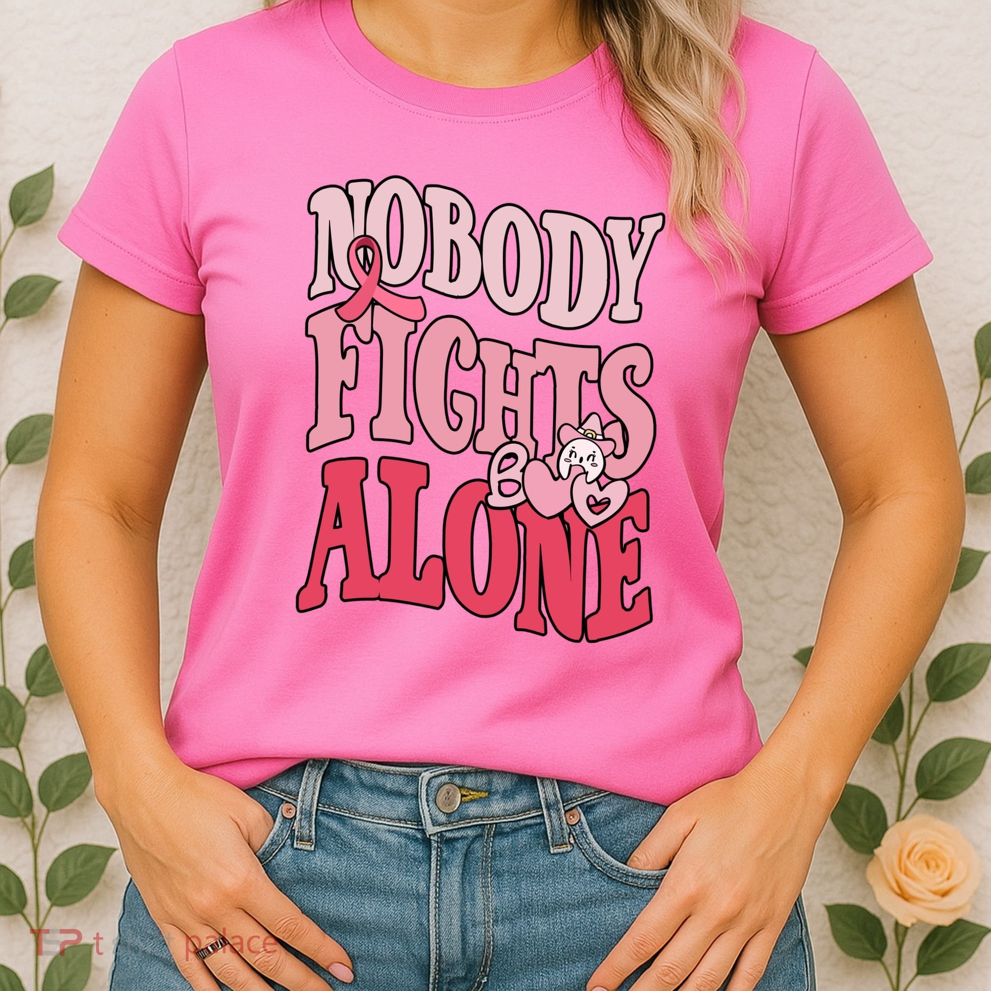 Nobody Fights Alone Breast Cancer Awareness Retro Groovy Women's T-Shirt