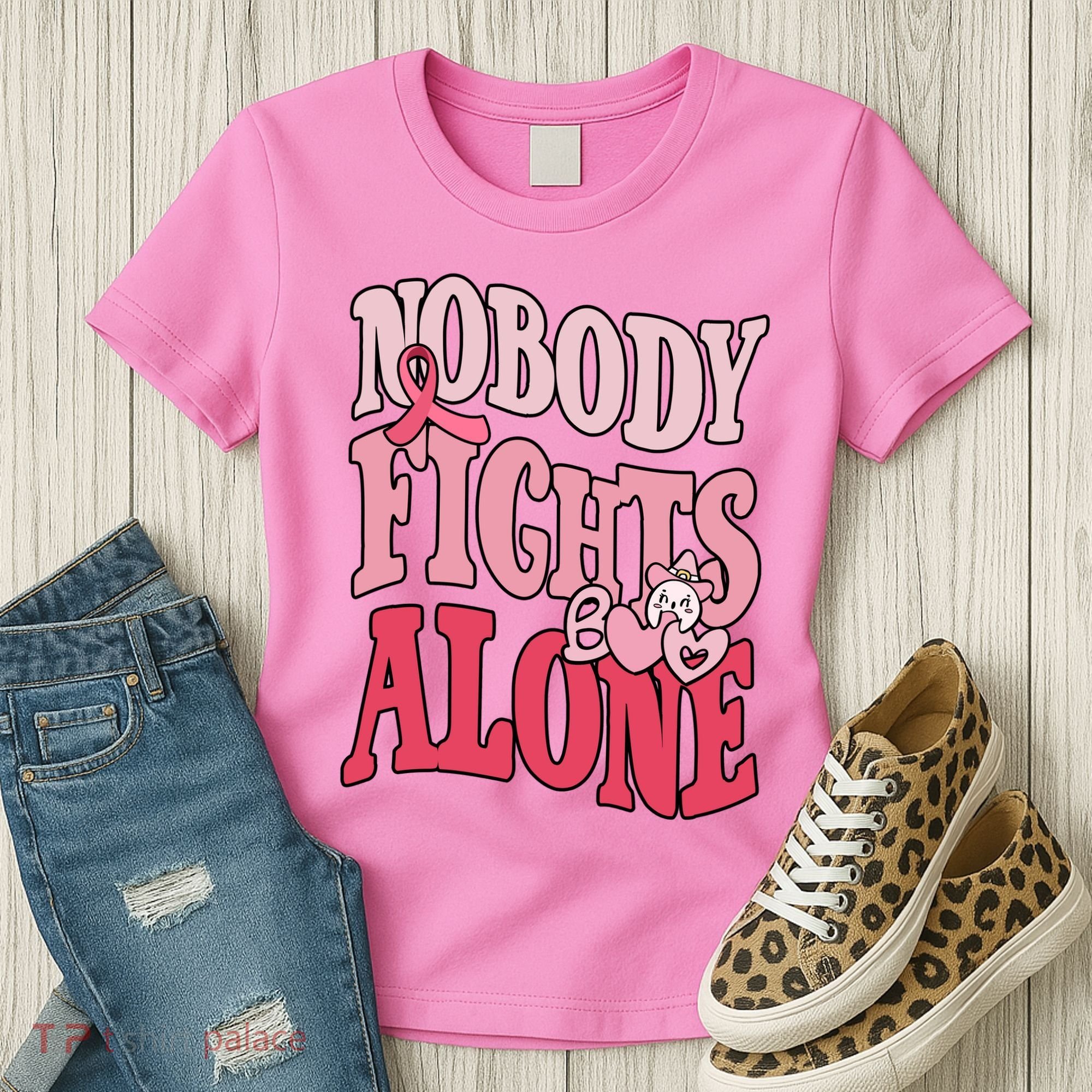 Nobody Fights Alone Breast Cancer Awareness Retro Groovy Women's T-Shirt