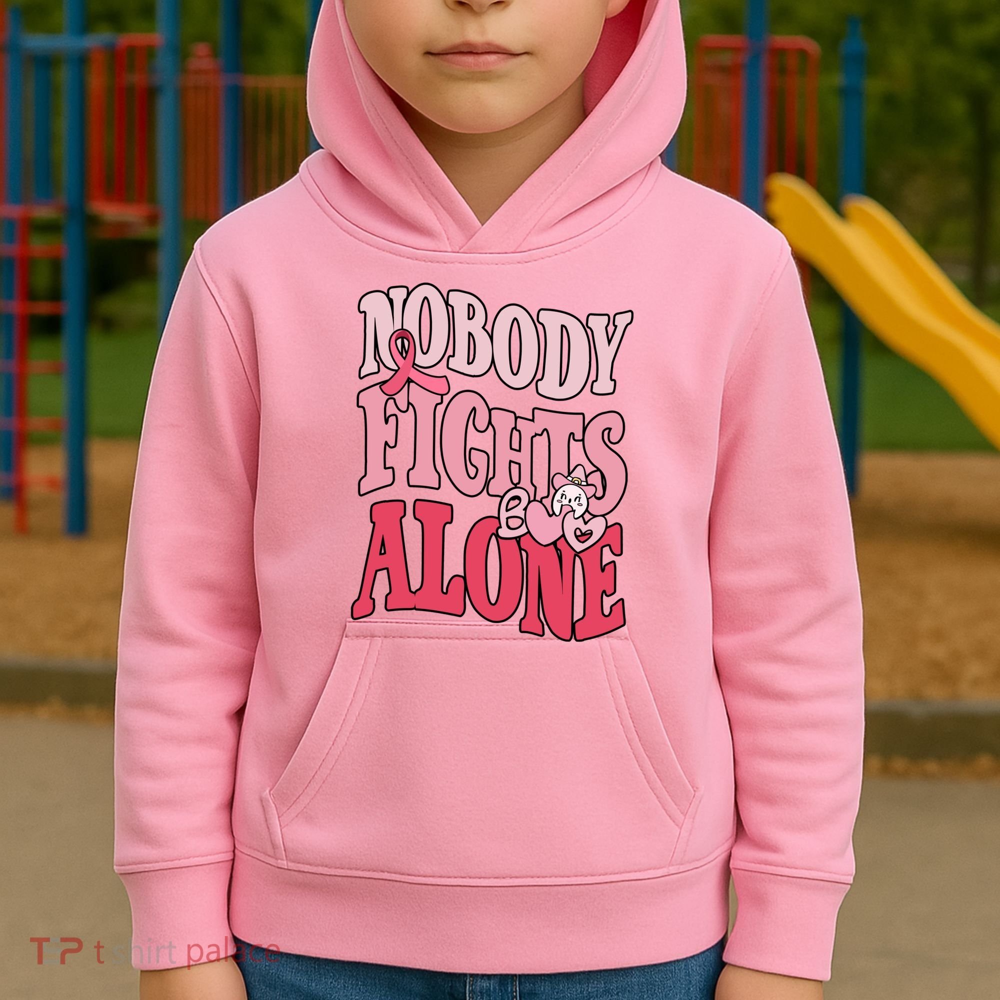Nobody Fights Alone Breast Cancer Awareness Retro Groovy Kids Hoodie