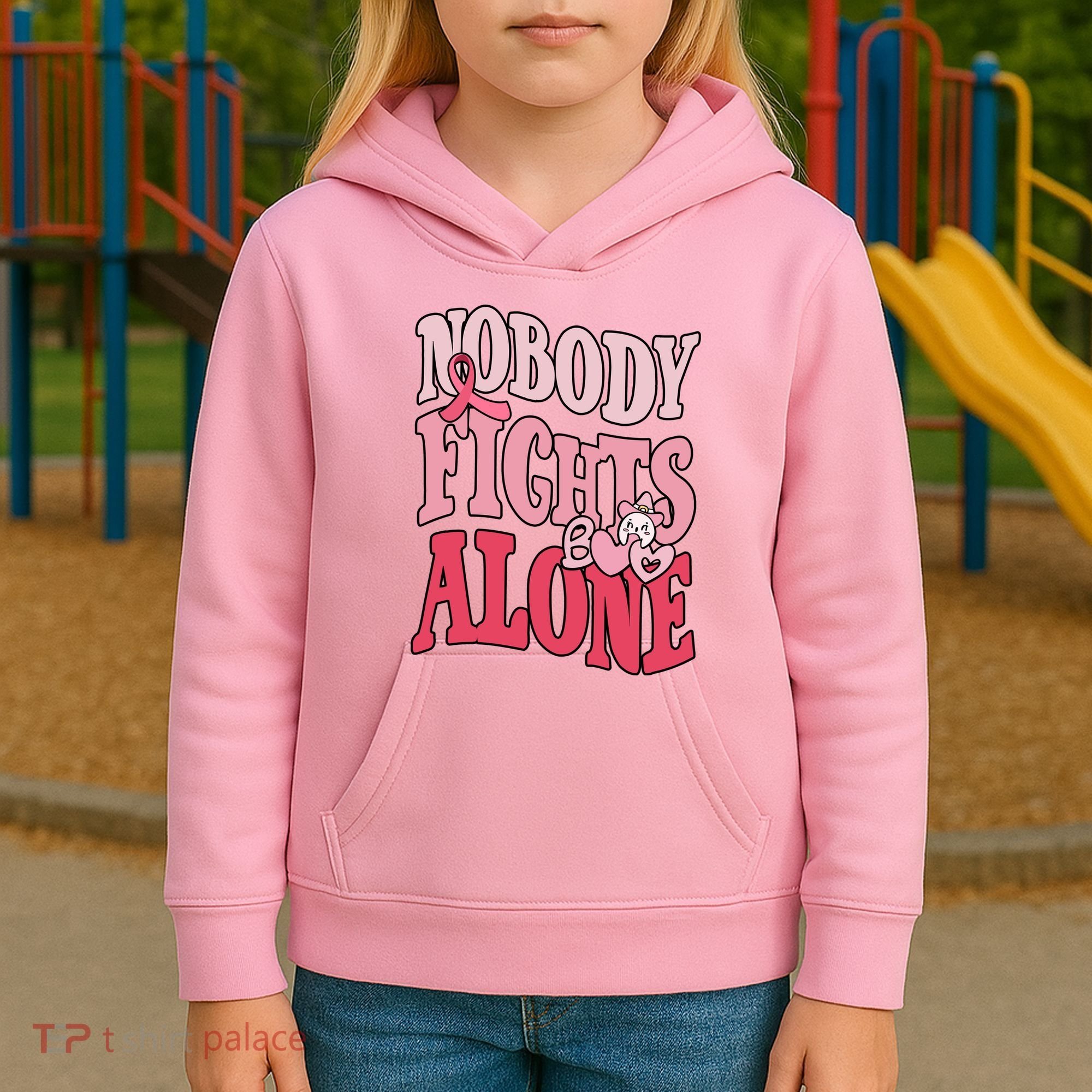 Nobody Fights Alone Breast Cancer Awareness Retro Groovy Kids Hoodie