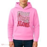 Nobody Fights Alone Breast Cancer Awareness Retro Groovy Kids Hoodie thumb 4