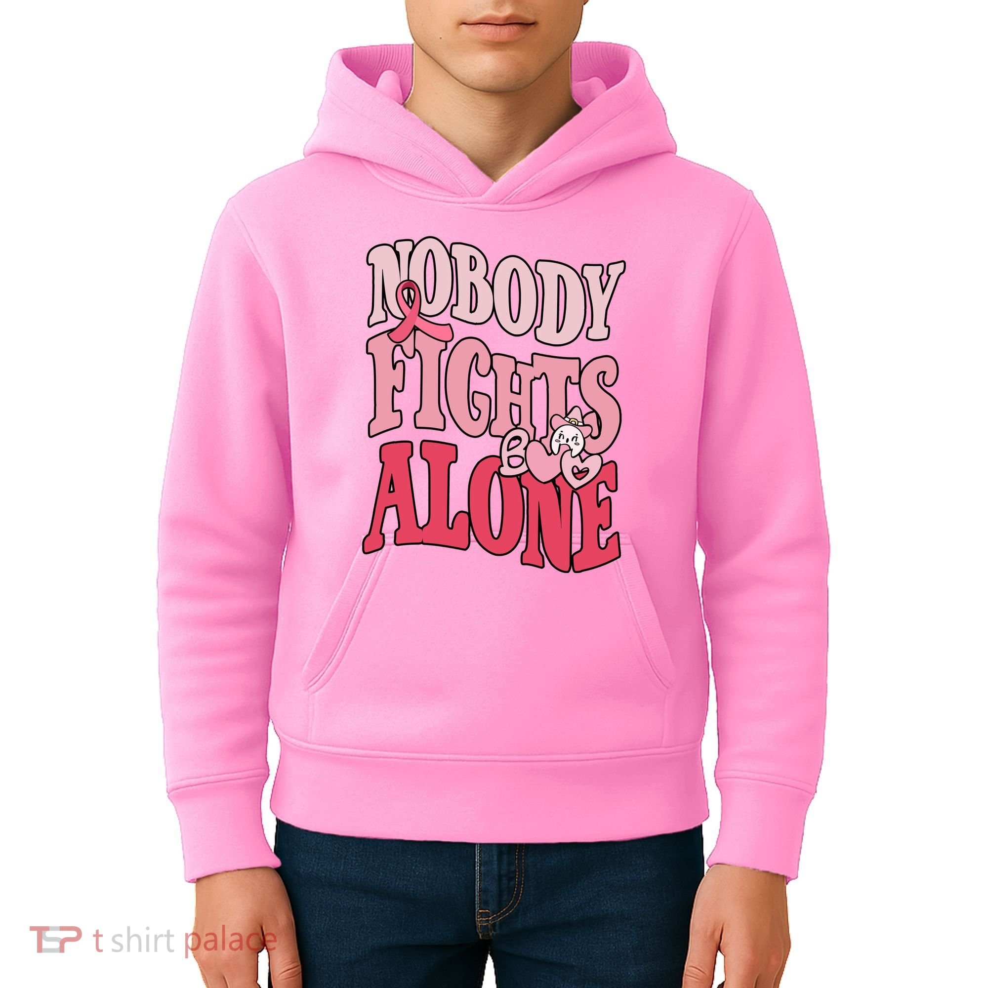 Nobody Fights Alone Breast Cancer Awareness Retro Groovy Kids Hoodie
