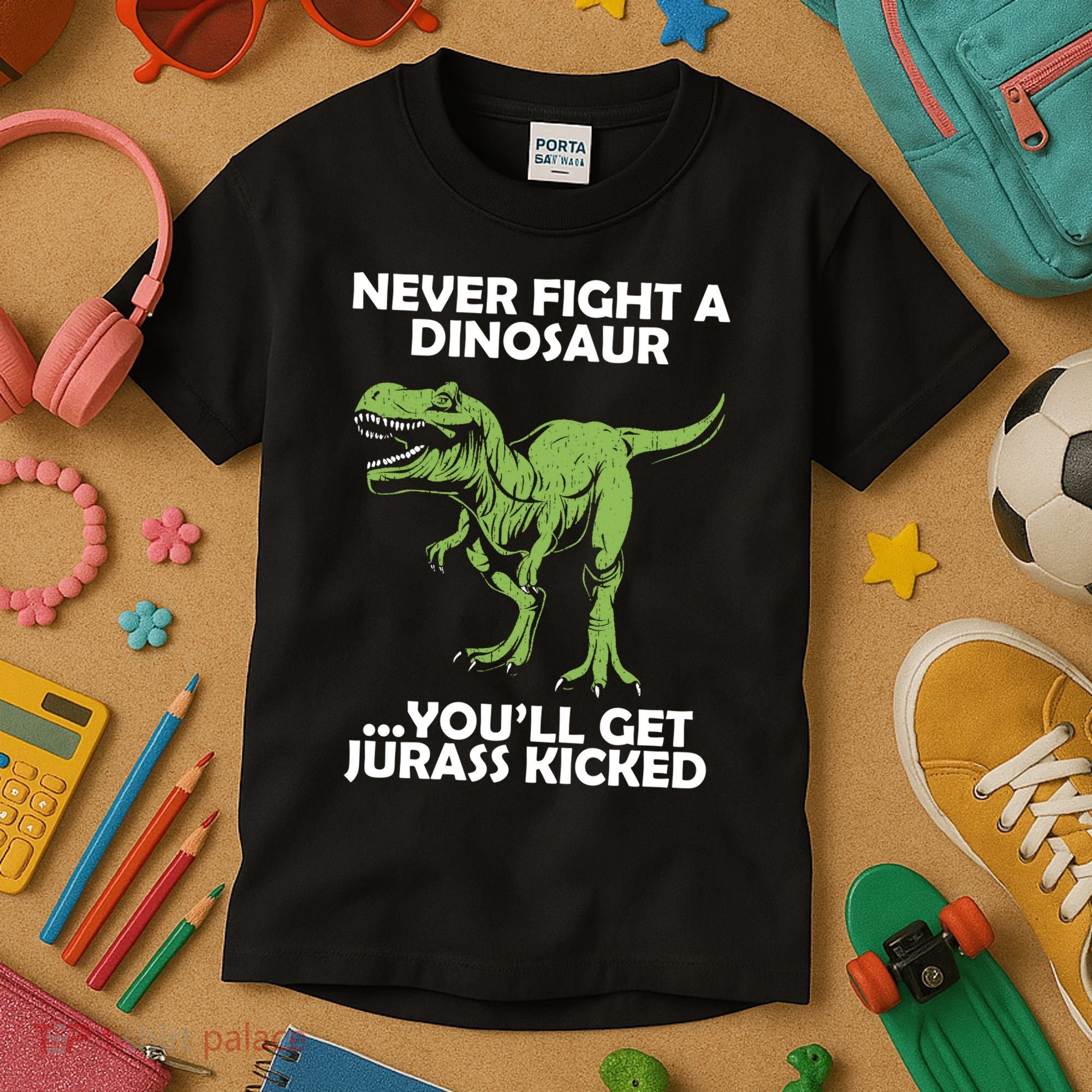 Never Fight A Dinosaur Youll Get Jurass Kicked Kids T-Shirt
