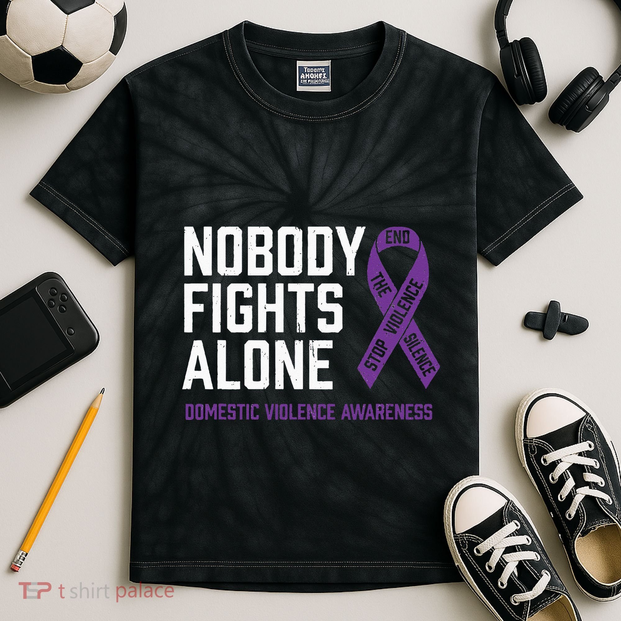 Nobody Fights Alone Purple Domestic Violence Awareness Kids Tie-Dye T-Shirt