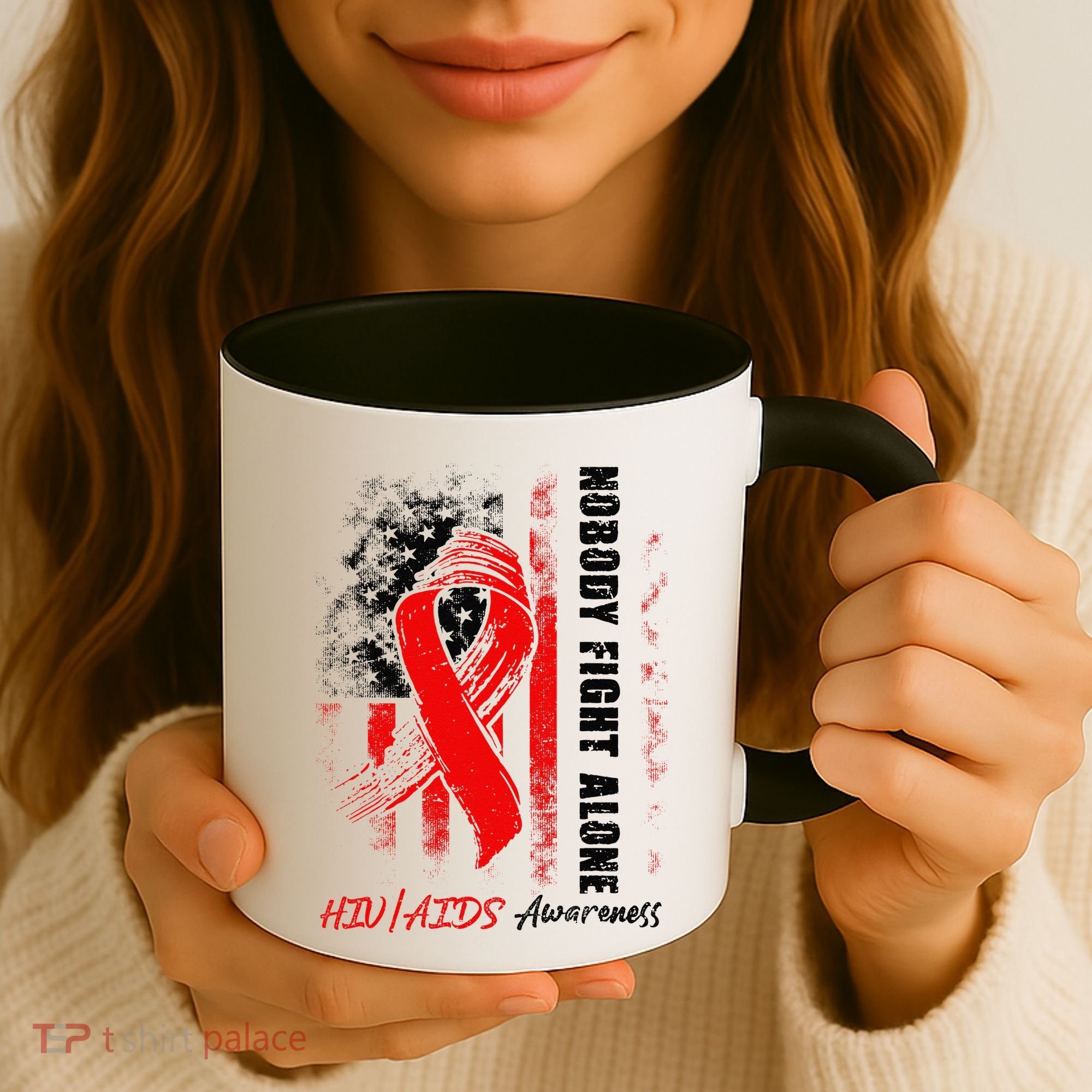 Nobody Fights Alone Hiv Aids Awareness Red Ribbon Supporter Coffee Mug