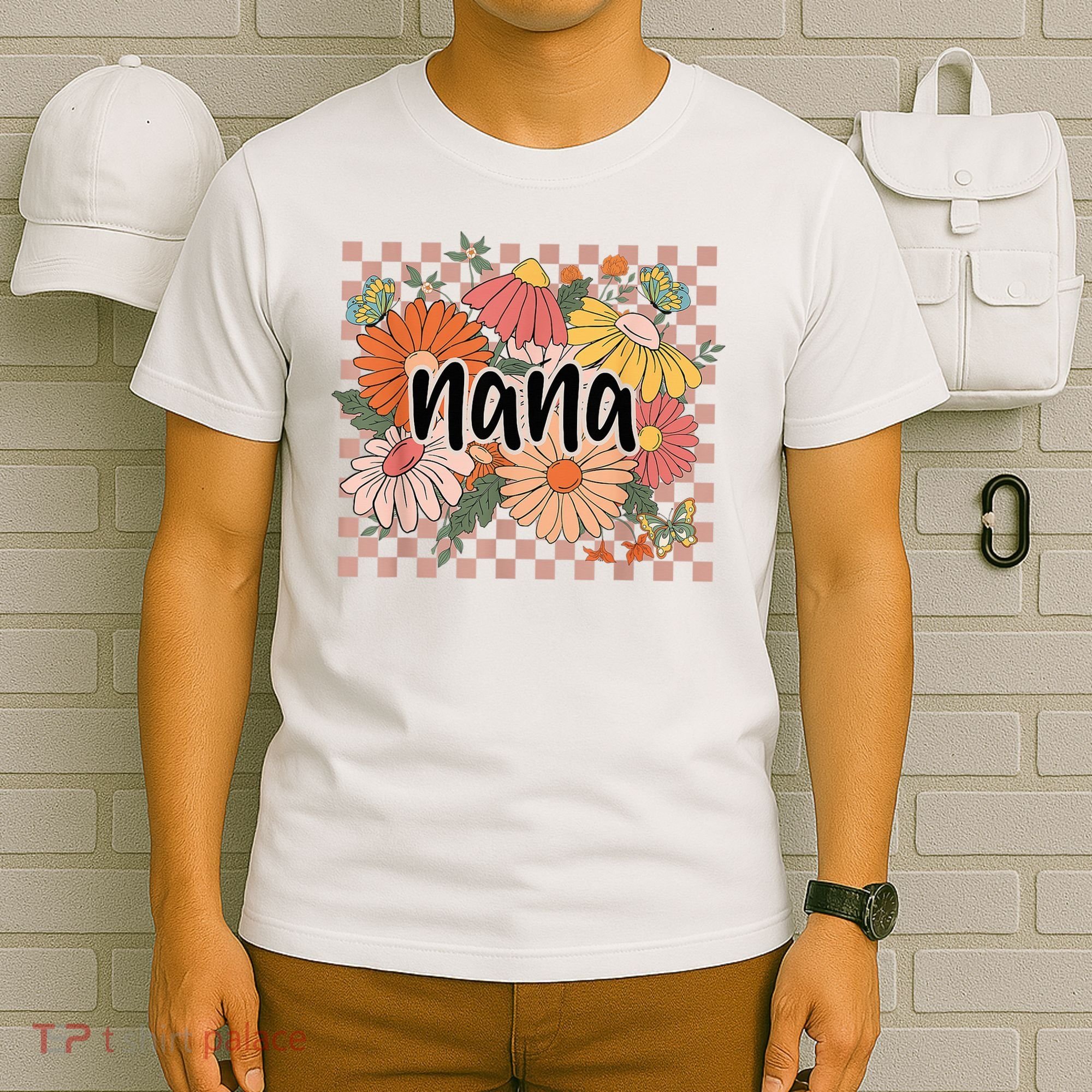Nana Floral Mother'S Day Wildflower Girl Checkered T-Shirt