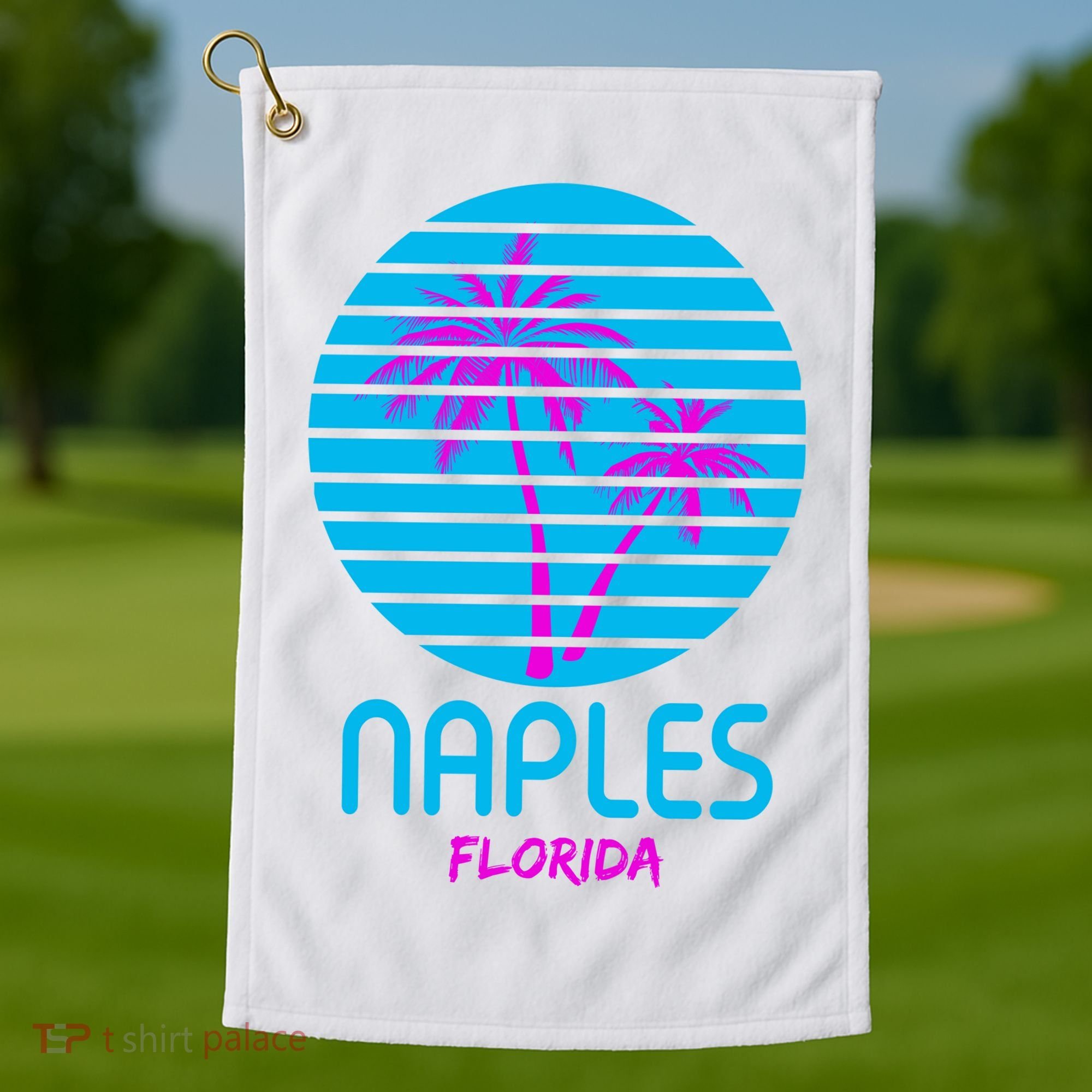 Naples Florida Retro Palm Tree Sunset Golf Towel