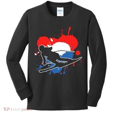 Netherlands Flag Skier Dutch Alpine Skiing Kids Long Sleeve Shirt