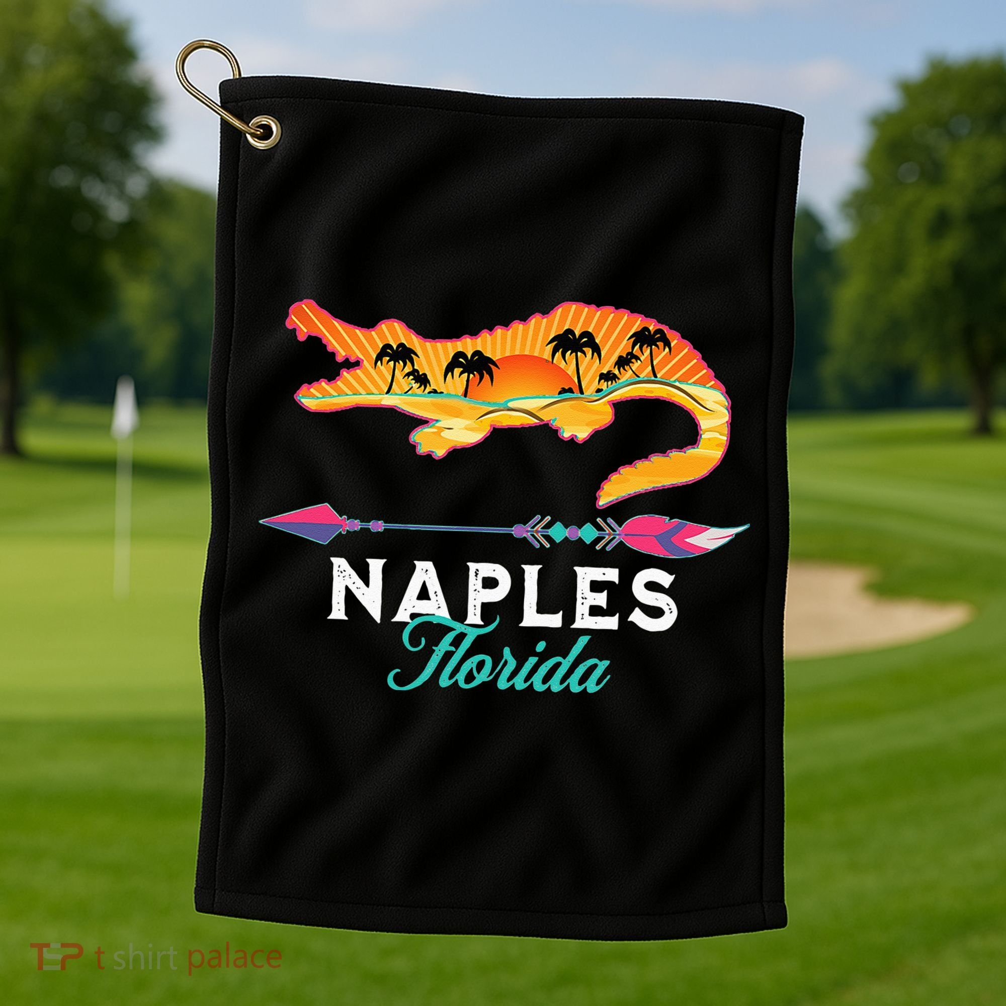 Naples Florida USA Alligator Sunset Palm Trees Souvenir Golf Towel