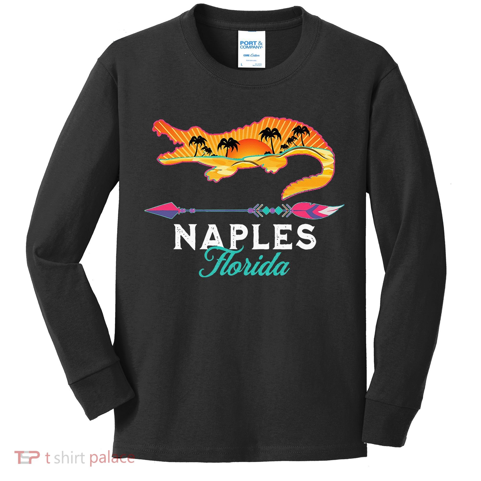 Naples Florida USA Alligator Sunset Palm Trees Souvenir Kids Long Sleeve Shirt