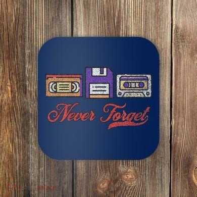 Never Forget Vintage Floppy Disk Vhs Tape 80s Cassette Retro Coaster
