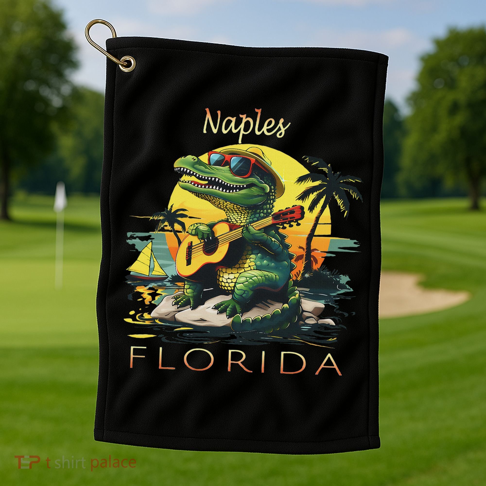 Naples Florida Vacation Cute Alligator Sunset Souvenir Golf Towel