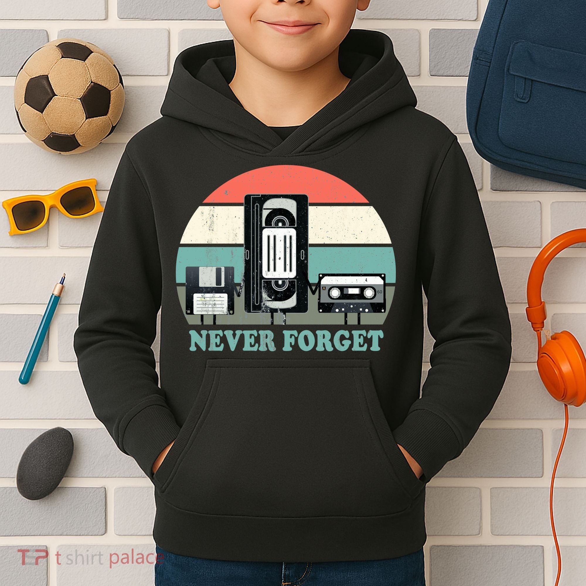 Never Forget VHS, Cassette, Floppy Disc Old School Retro Kids Hoodie