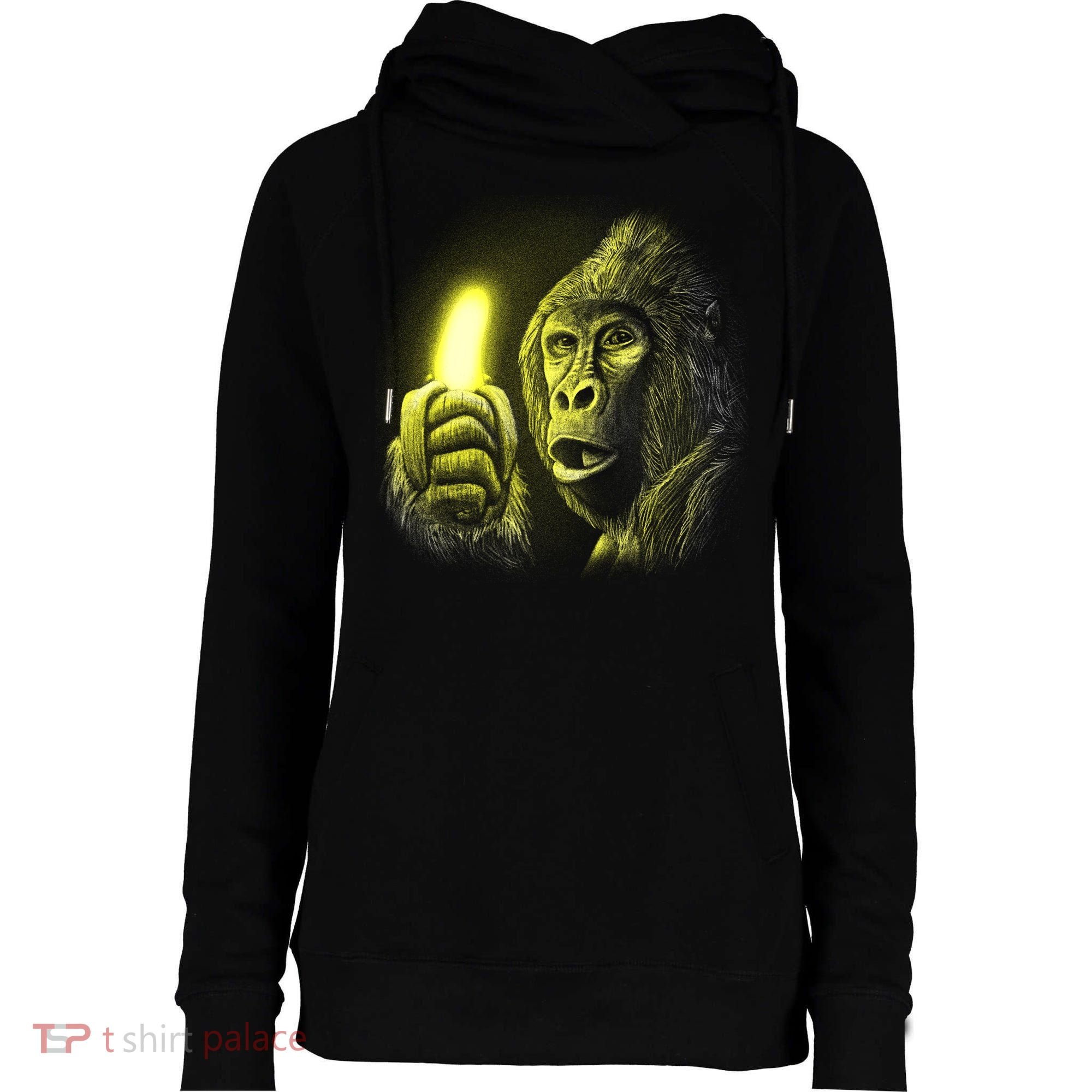 Neon Gorilla Holding Banana Womens Funnel Neck Pullover Hood