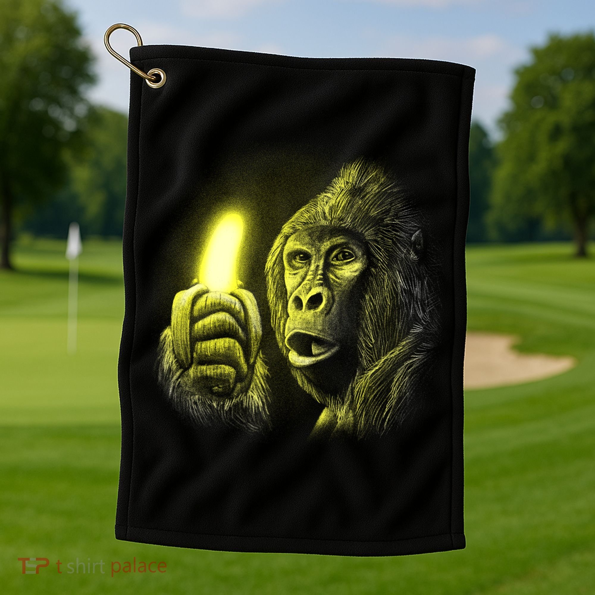 Neon Gorilla Holding Banana Golf Towel