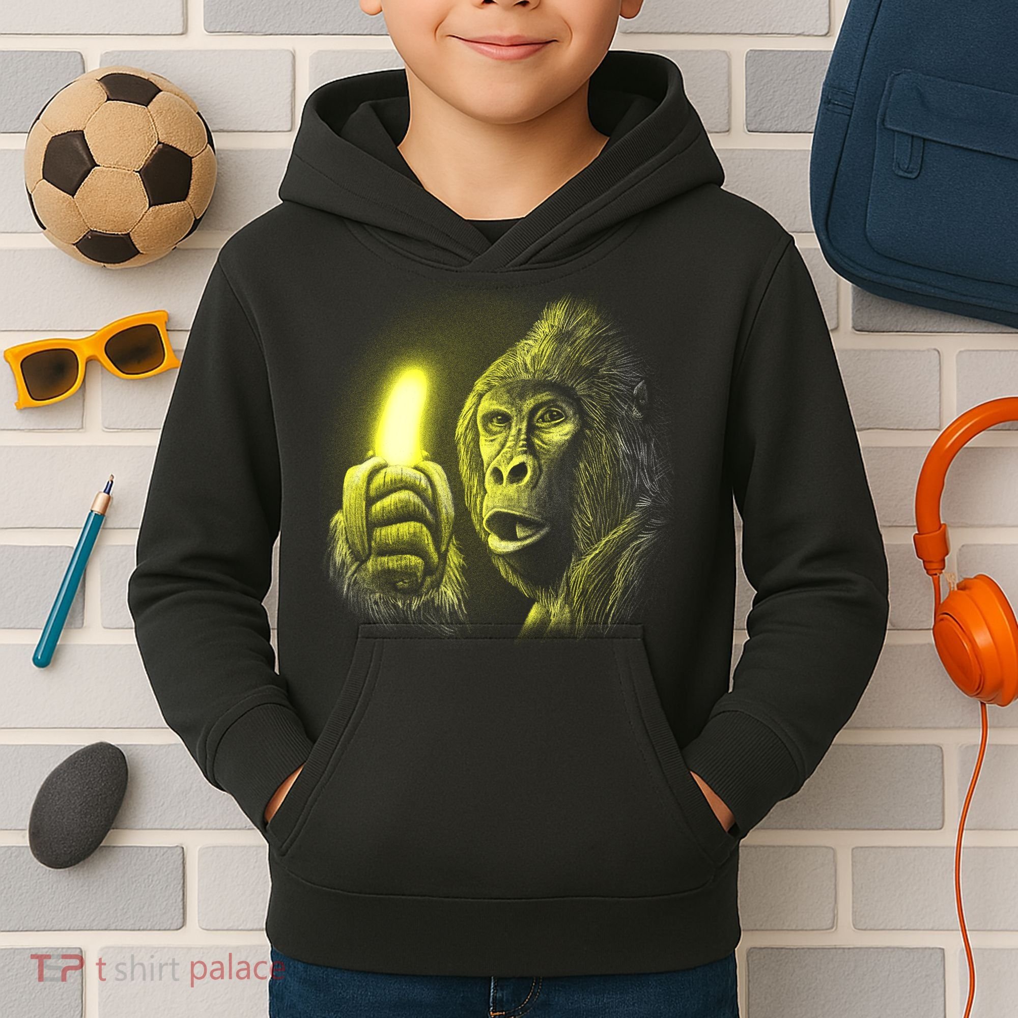 Neon Gorilla Holding Banana Kids Hoodie
