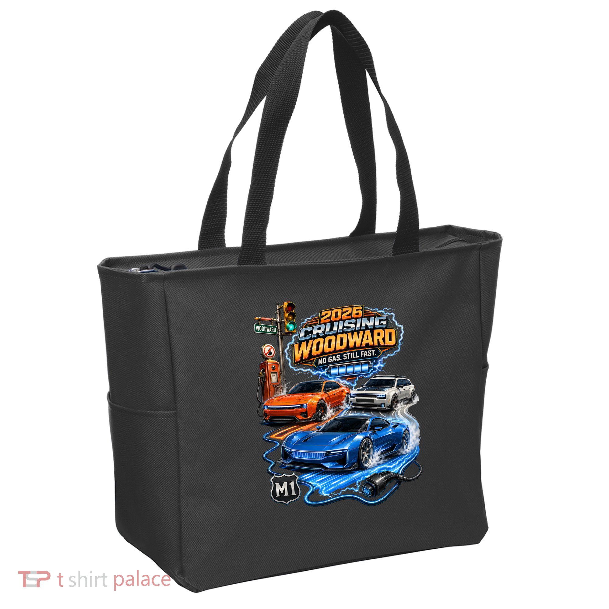 No Gas Still Fast Electric Cars 2026 Cruising Woodward Ave M1  Tote Bag