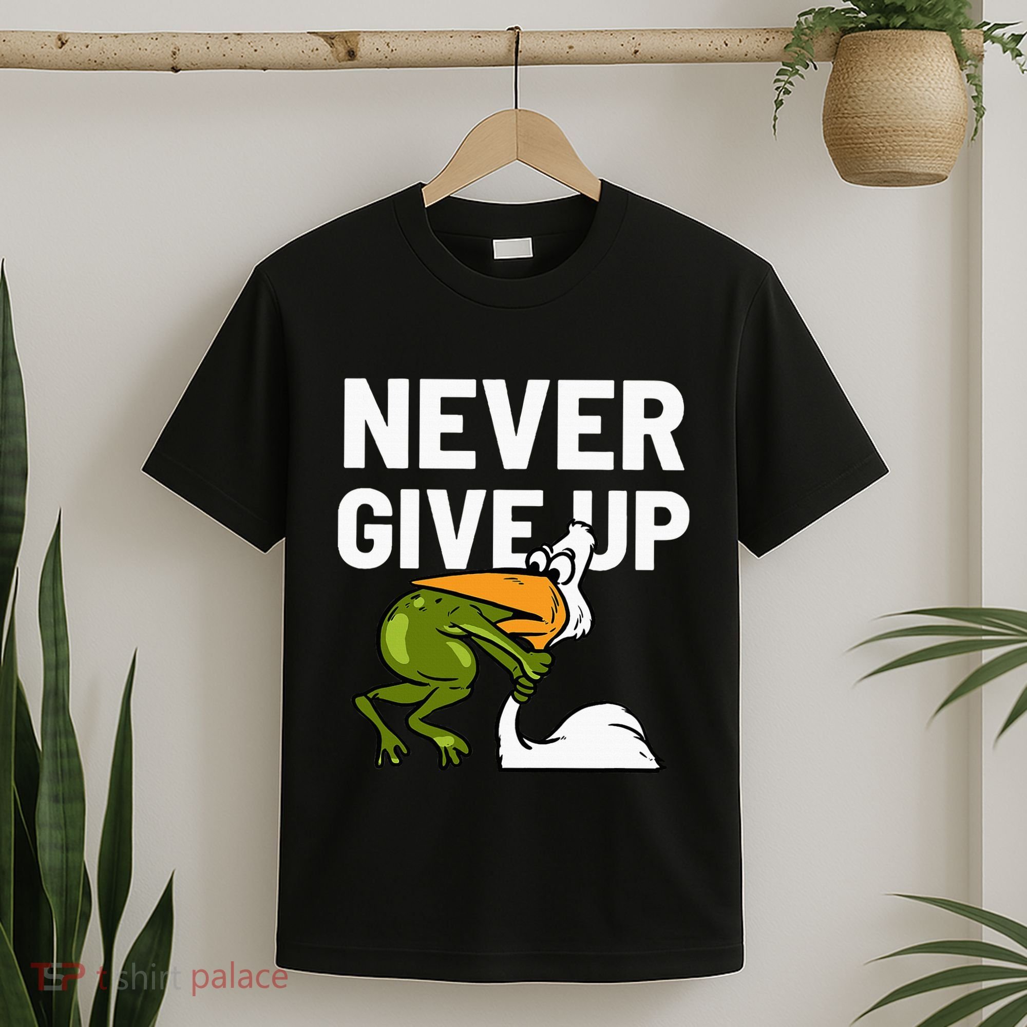 Never Give Up Frog Bird Choking Funny Motivation T-Shirt