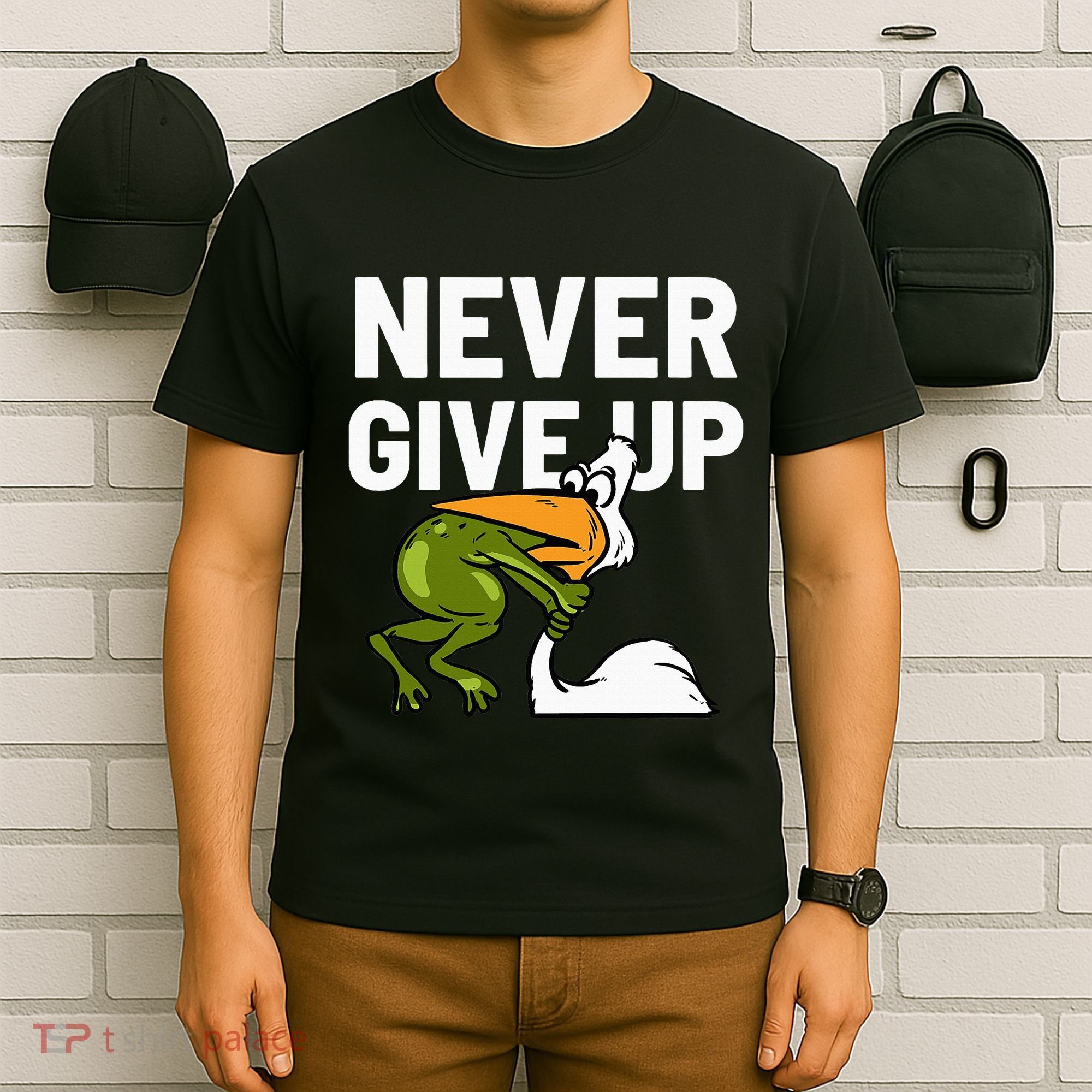 Never Give Up Frog Bird Choking Funny Motivation T-Shirt