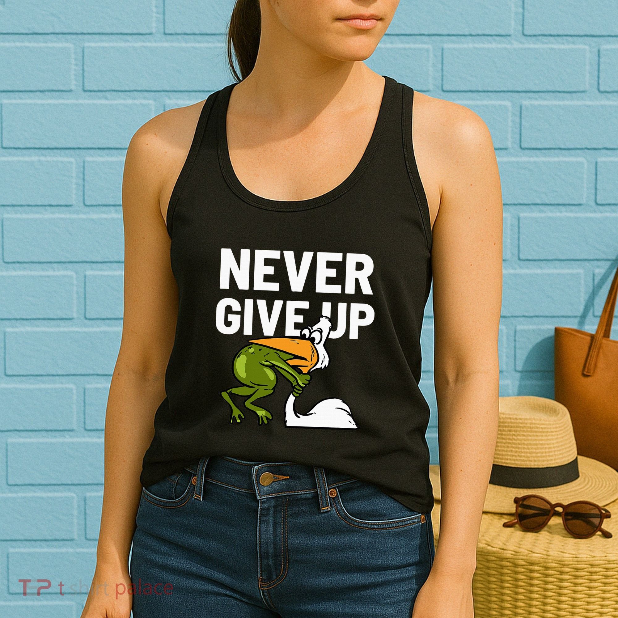 Never Give Up Frog Bird Choking Funny Motivation Women's Tank Top