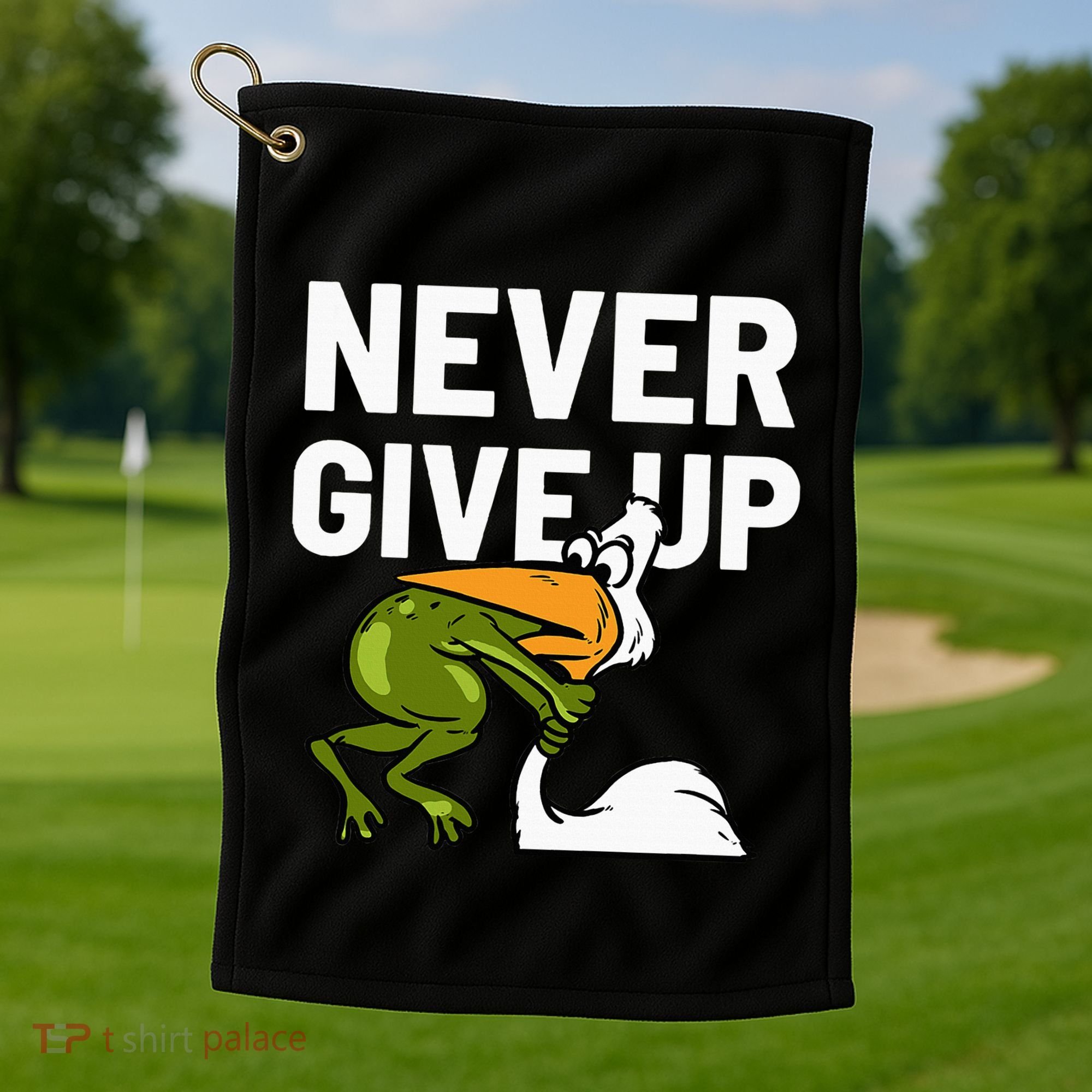 Never Give Up Frog Bird Choking Funny Motivation Golf Towel