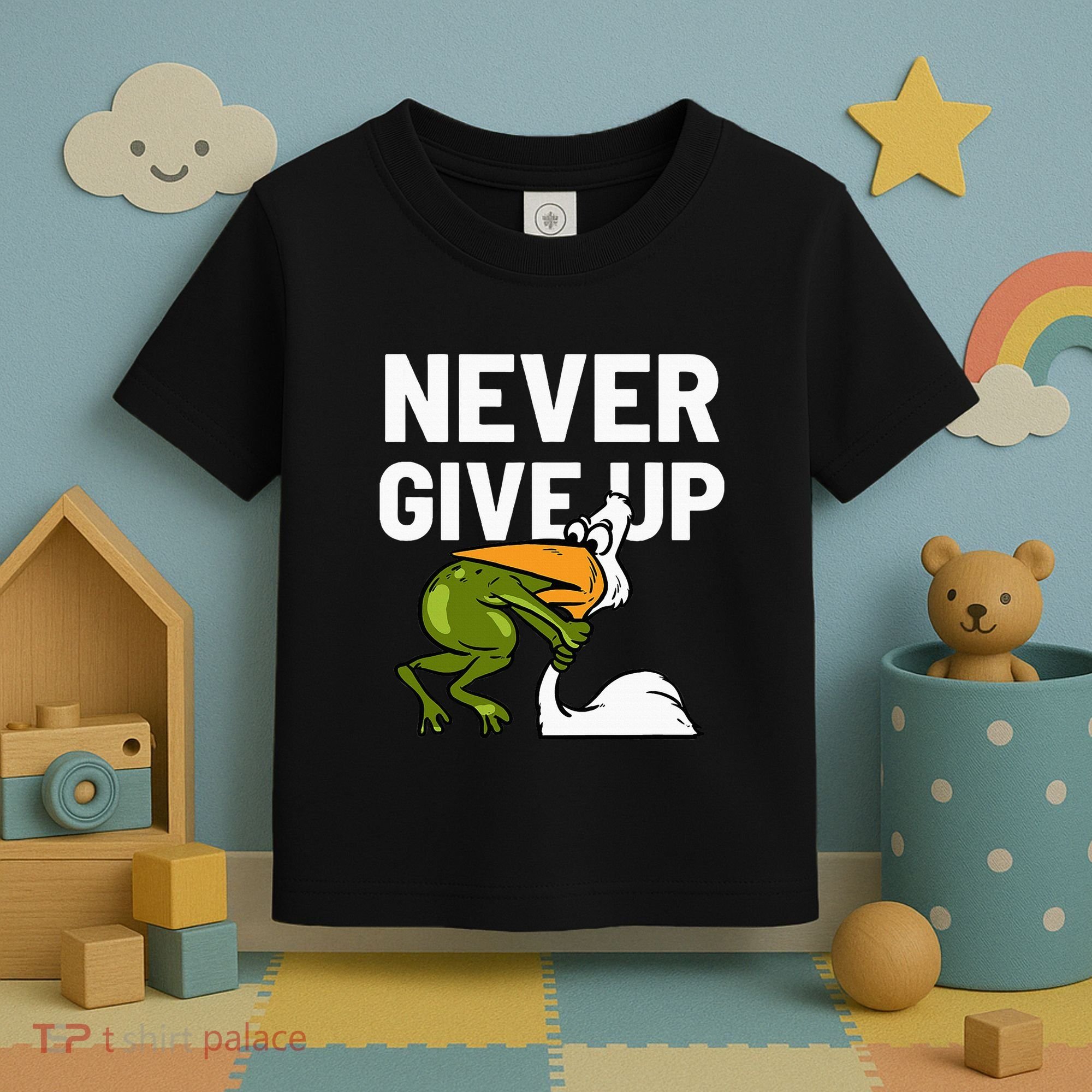 Never Give Up Frog Bird Choking Funny Motivation Toddler T-Shirt