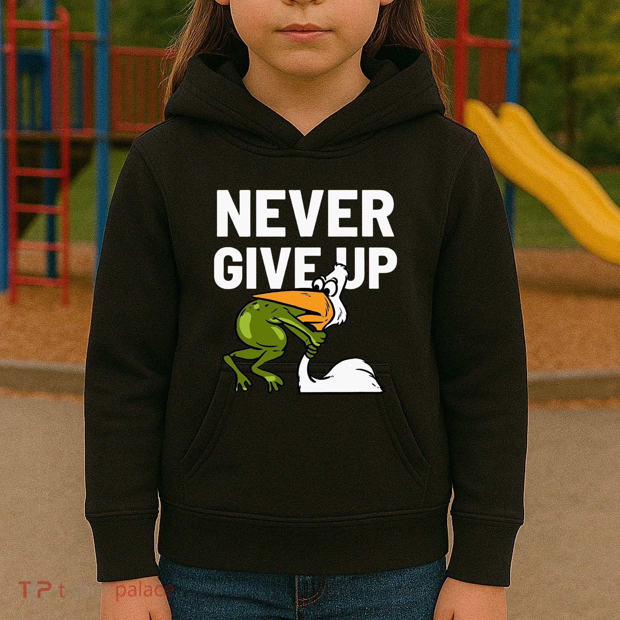 Never Give Up Frog Bird Choking Funny Motivation Kids Hoodie