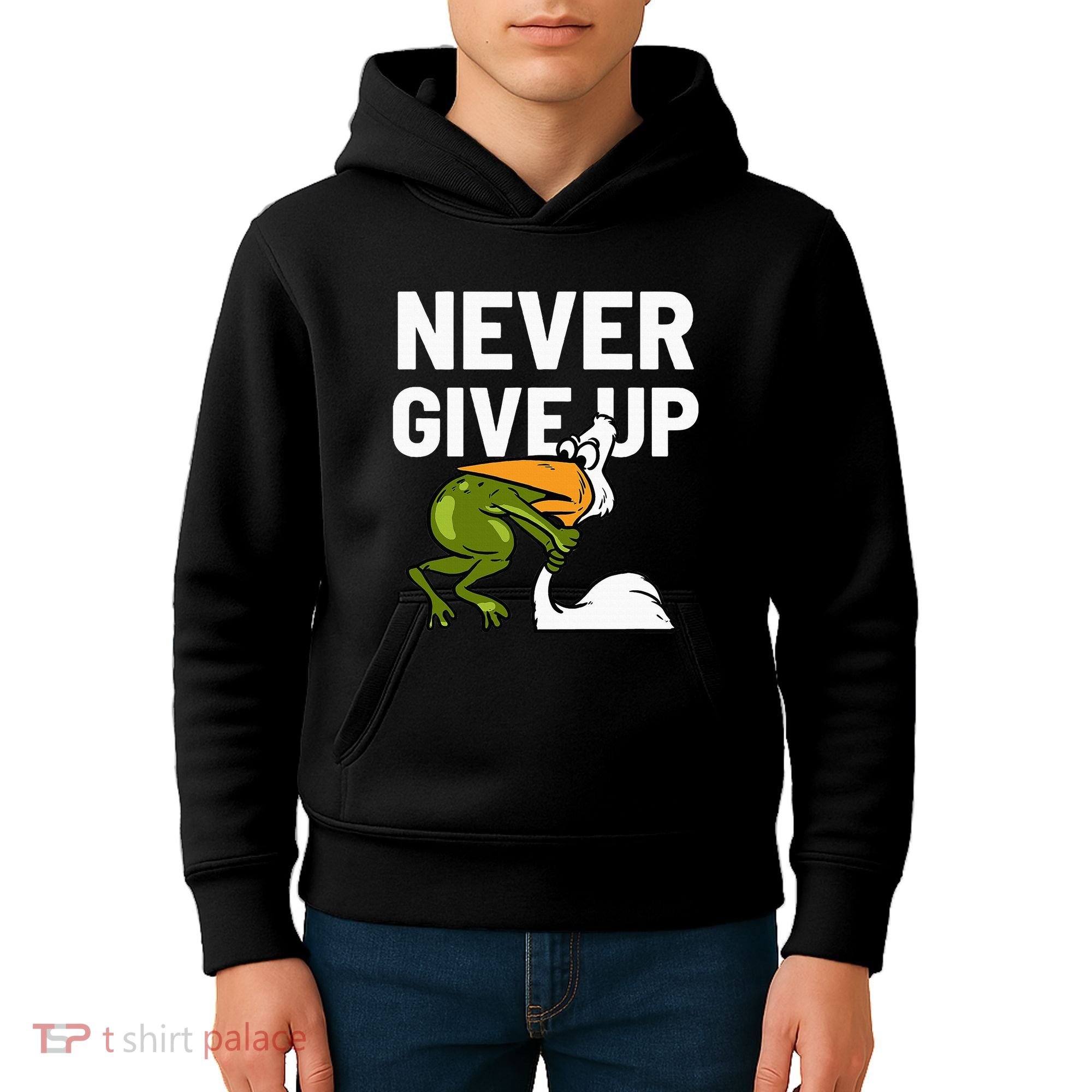 Never Give Up Frog Bird Choking Funny Motivation Kids Hoodie