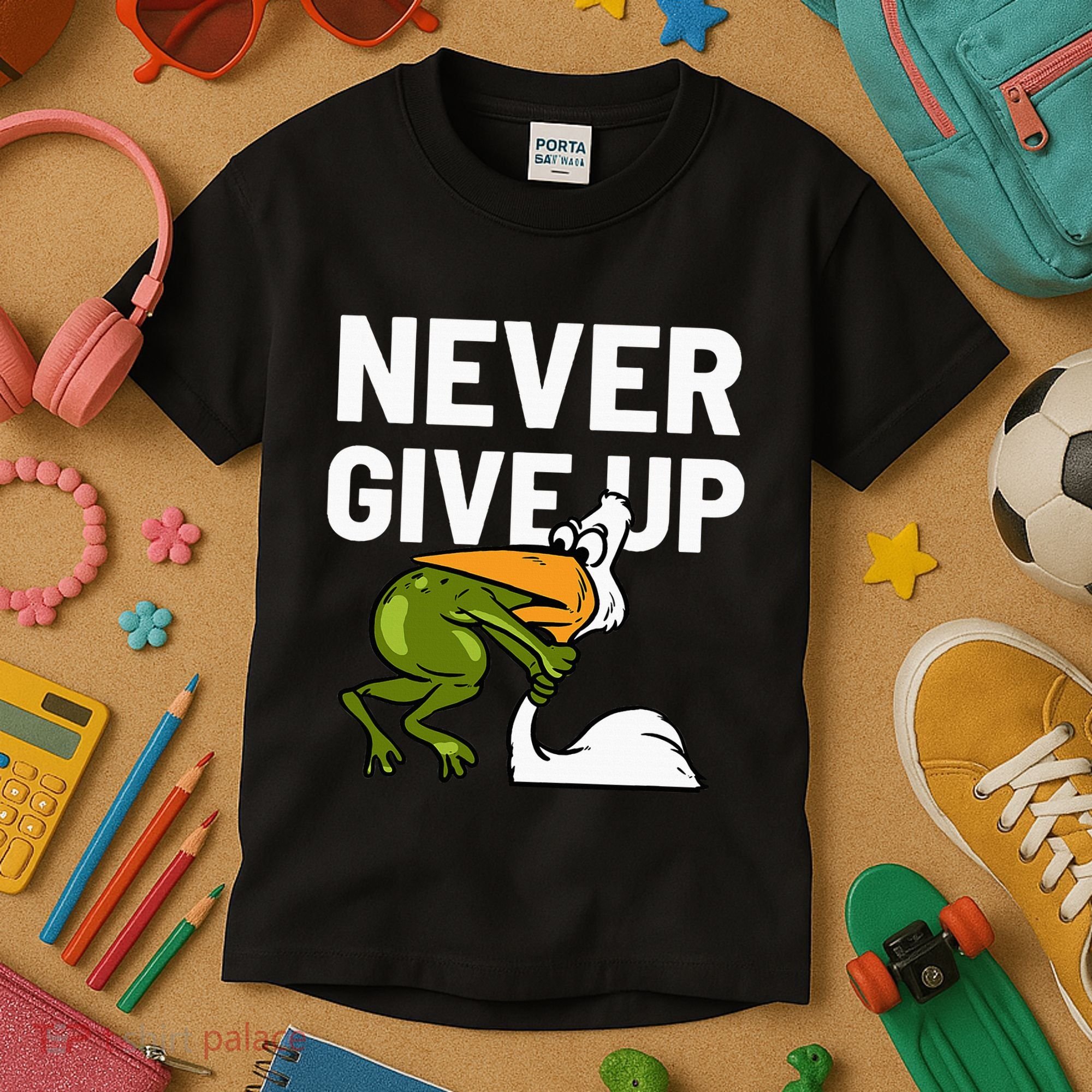 Never Give Up Frog Bird Choking Funny Motivation Kids T-Shirt