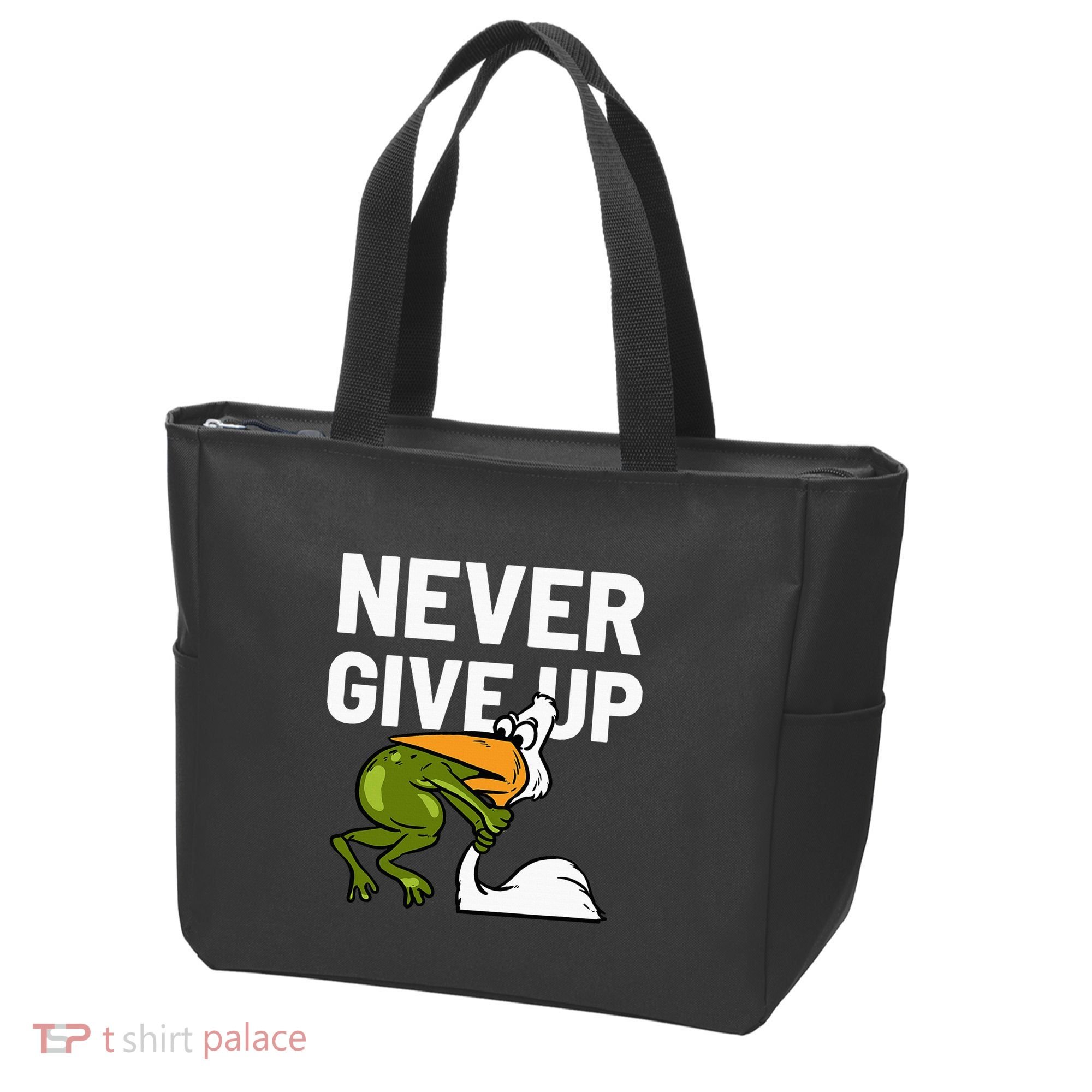 Never Give Up Frog Bird Choking Funny Motivation Tote Bag