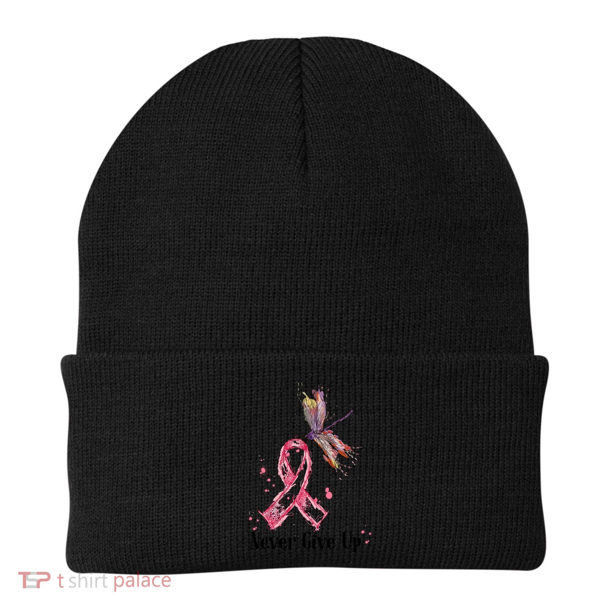 Never Give Up Breast Cancer Awareness Ribbon Cure Dragonfly Beanie