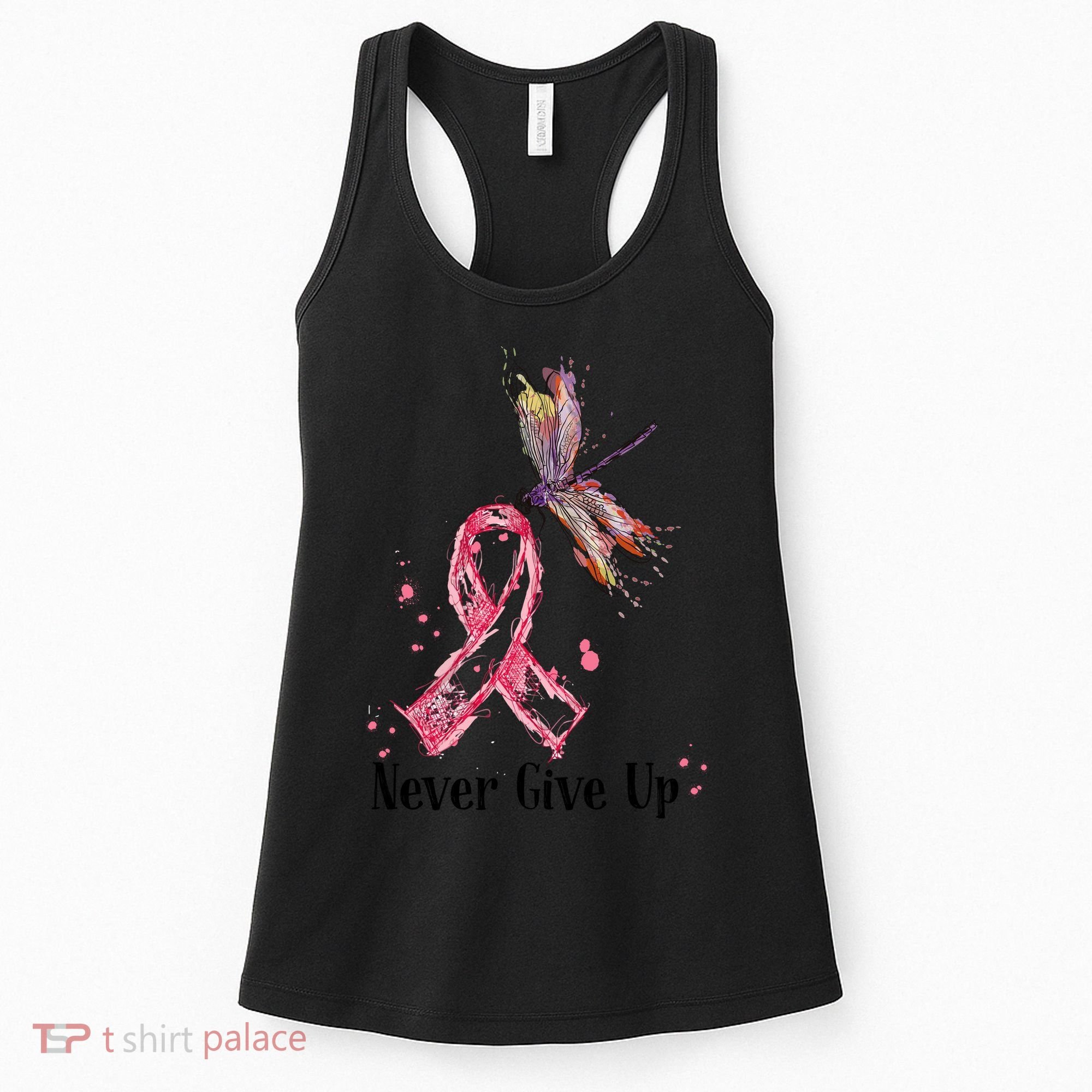Never Give Up Breast Cancer Awareness Ribbon Cure Dragonfly Women's Tank Top