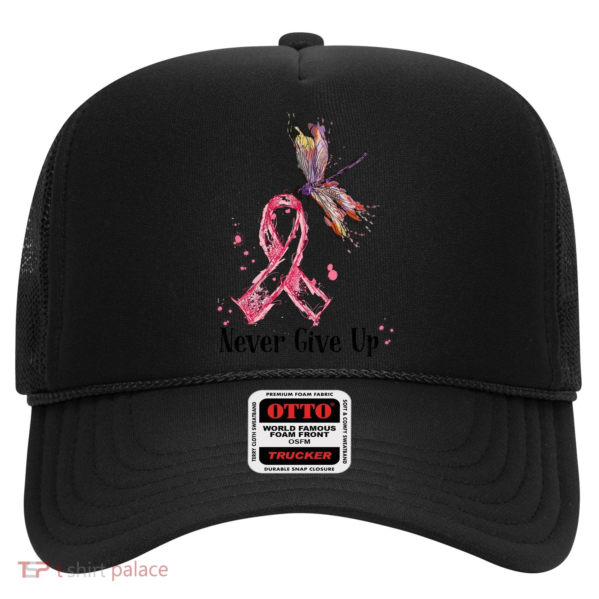 Never Give Up Breast Cancer Awareness Ribbon Cure Dragonfly Hat