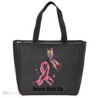 Never Give Up Breast Cancer Awareness Ribbon Cure Dragonfly Tote Bag thumb 0