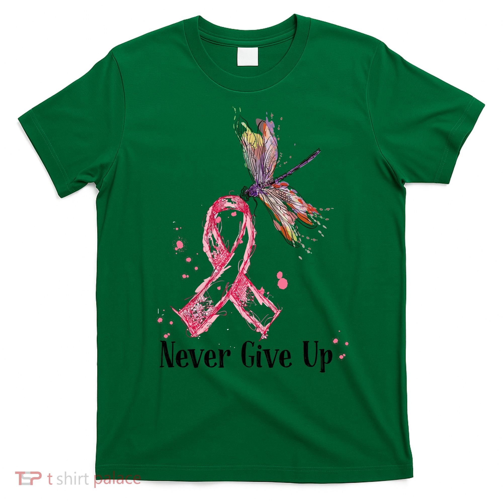 Never Give Up Breast Cancer Awareness Ribbon Cure Dragonfly T-Shirt