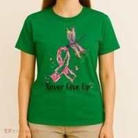 Never Give Up Breast Cancer Awareness Ribbon Cure Dragonfly T-Shirt thumb 4
