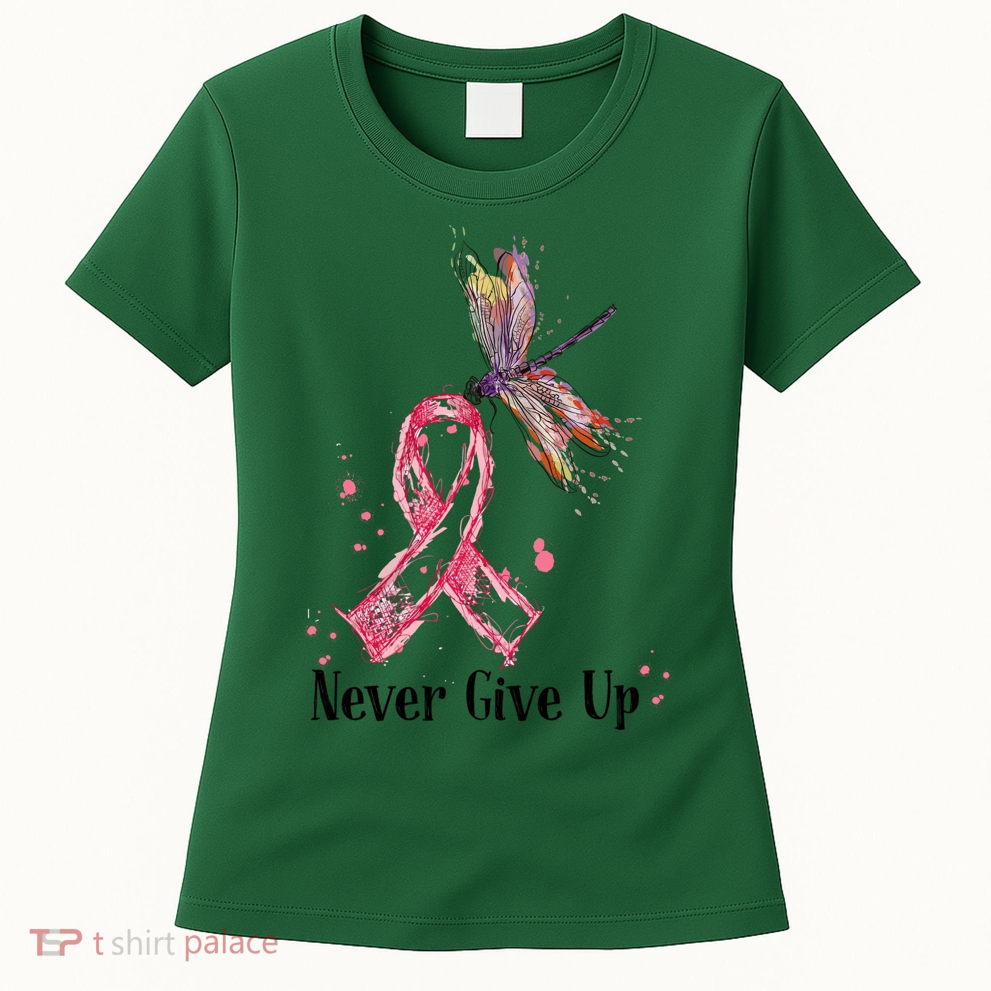 Never Give Up Breast Cancer Awareness Ribbon Cure Dragonfly Women's T-Shirt