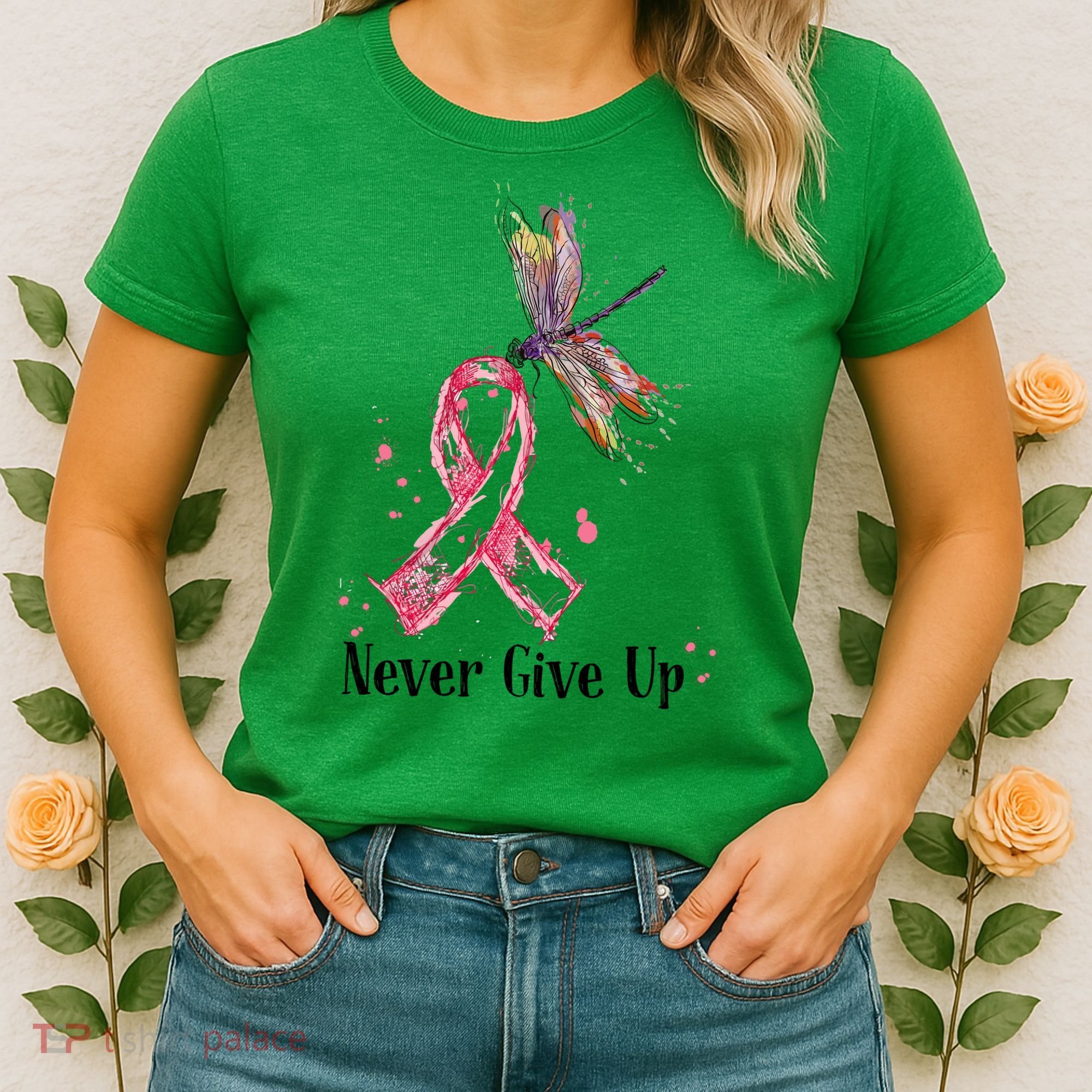 Never Give Up Breast Cancer Awareness Ribbon Cure Dragonfly Women's T-Shirt