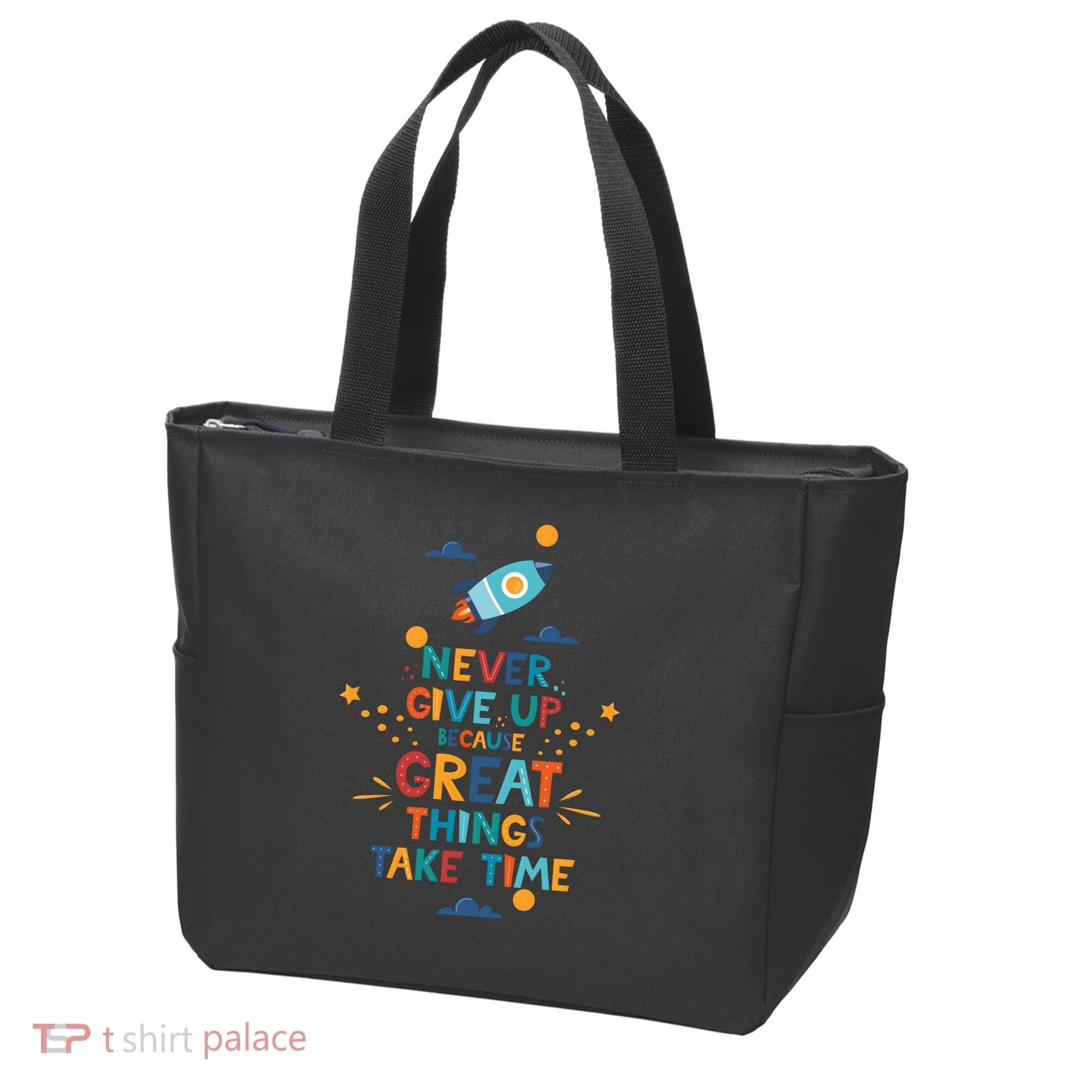 Never Give Up Because Great Things Take Time Rocketship Tote Bag