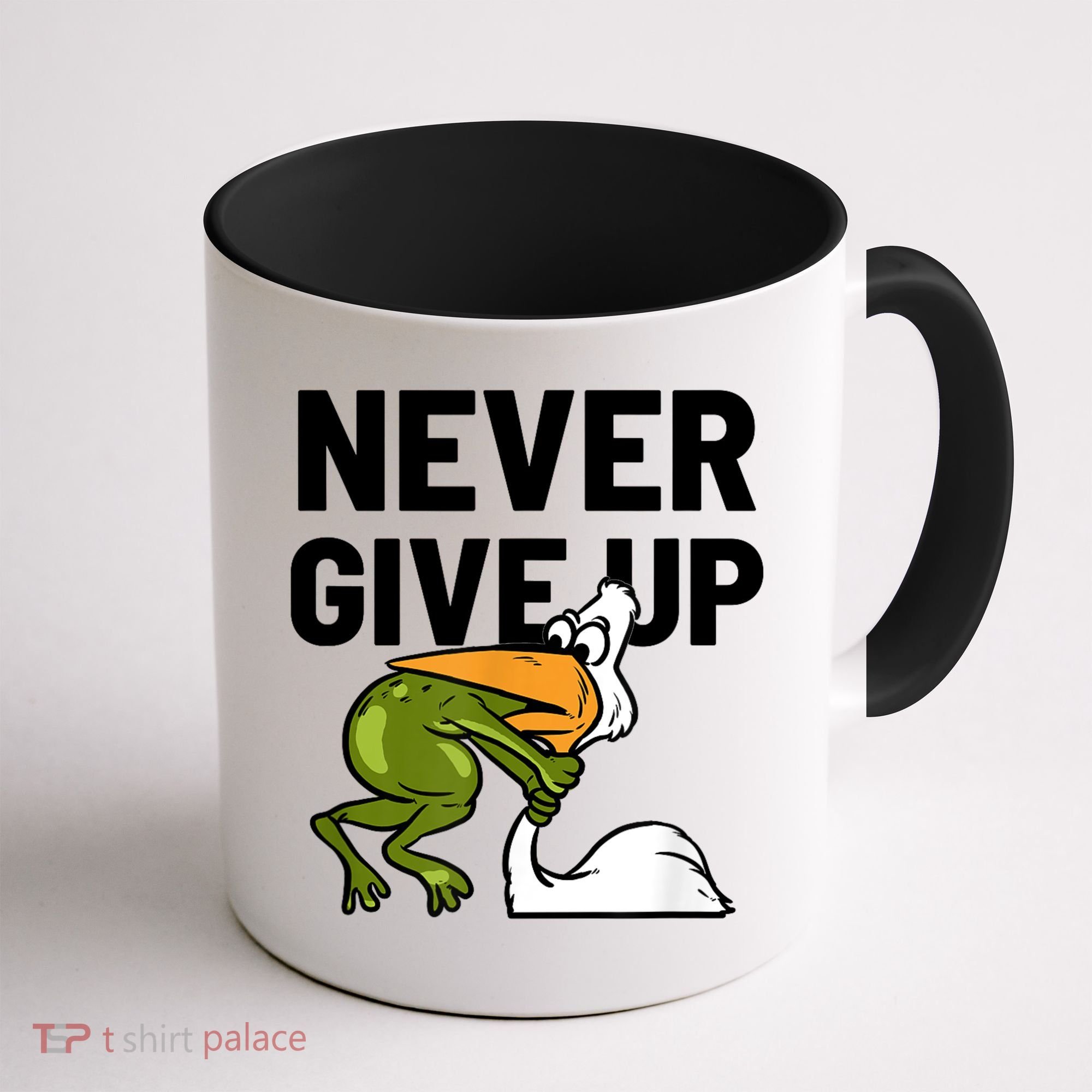 Never Give Up Frog Bird Choking Funny Motivation Coffee Mug
