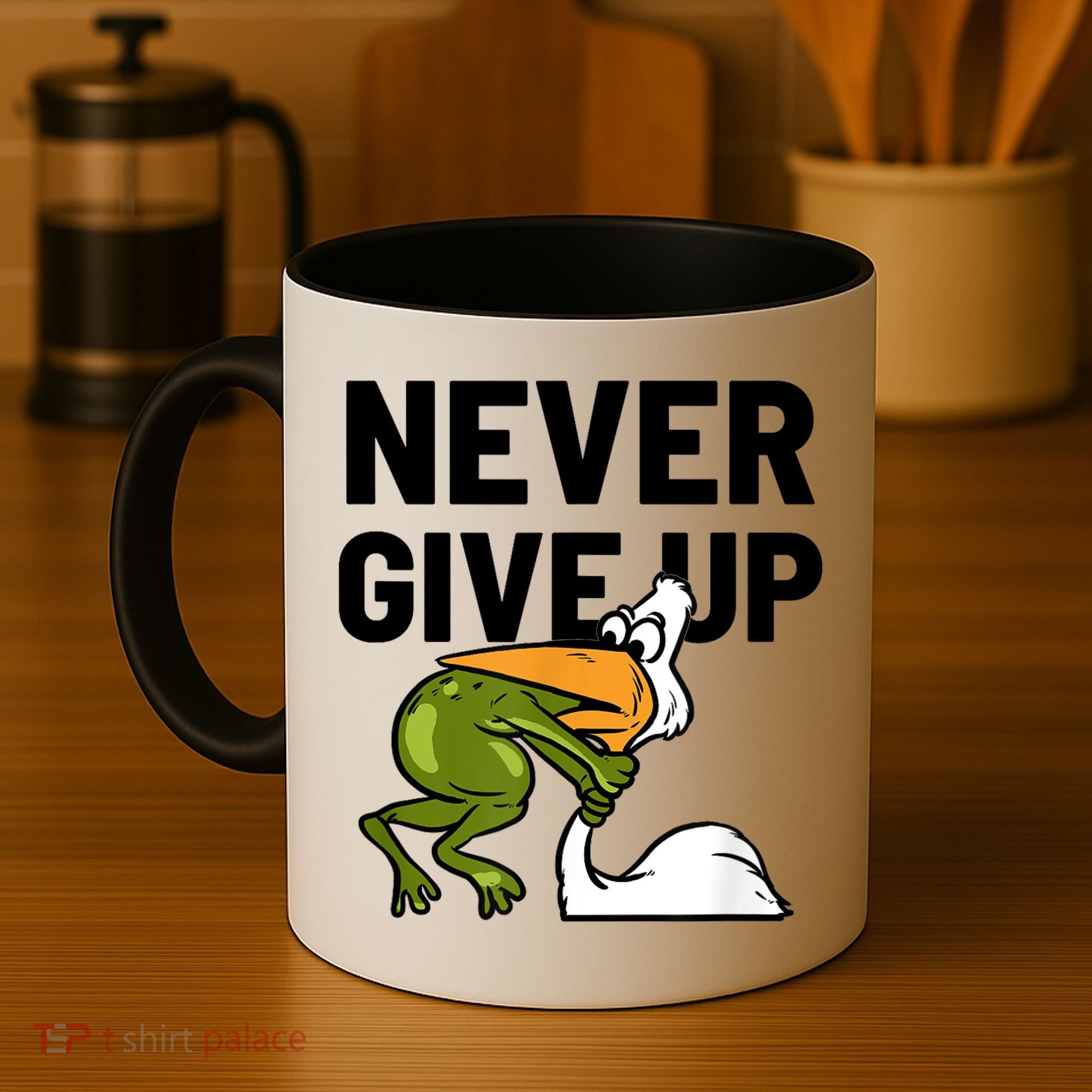 Never Give Up Frog Bird Choking Funny Motivation Coffee Mug