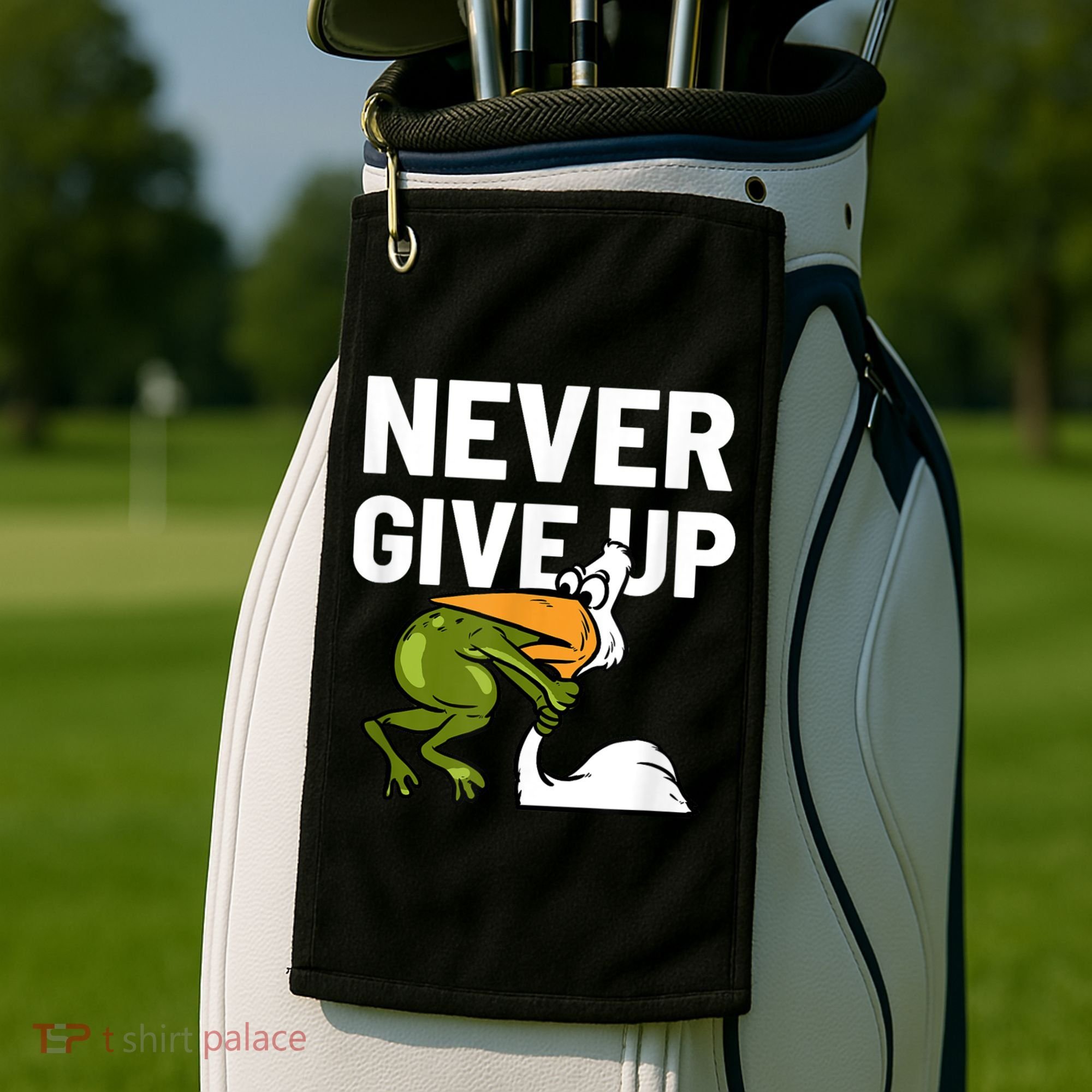 Never Give Up Frog Bird Choking Funny Motivation Golf Towel