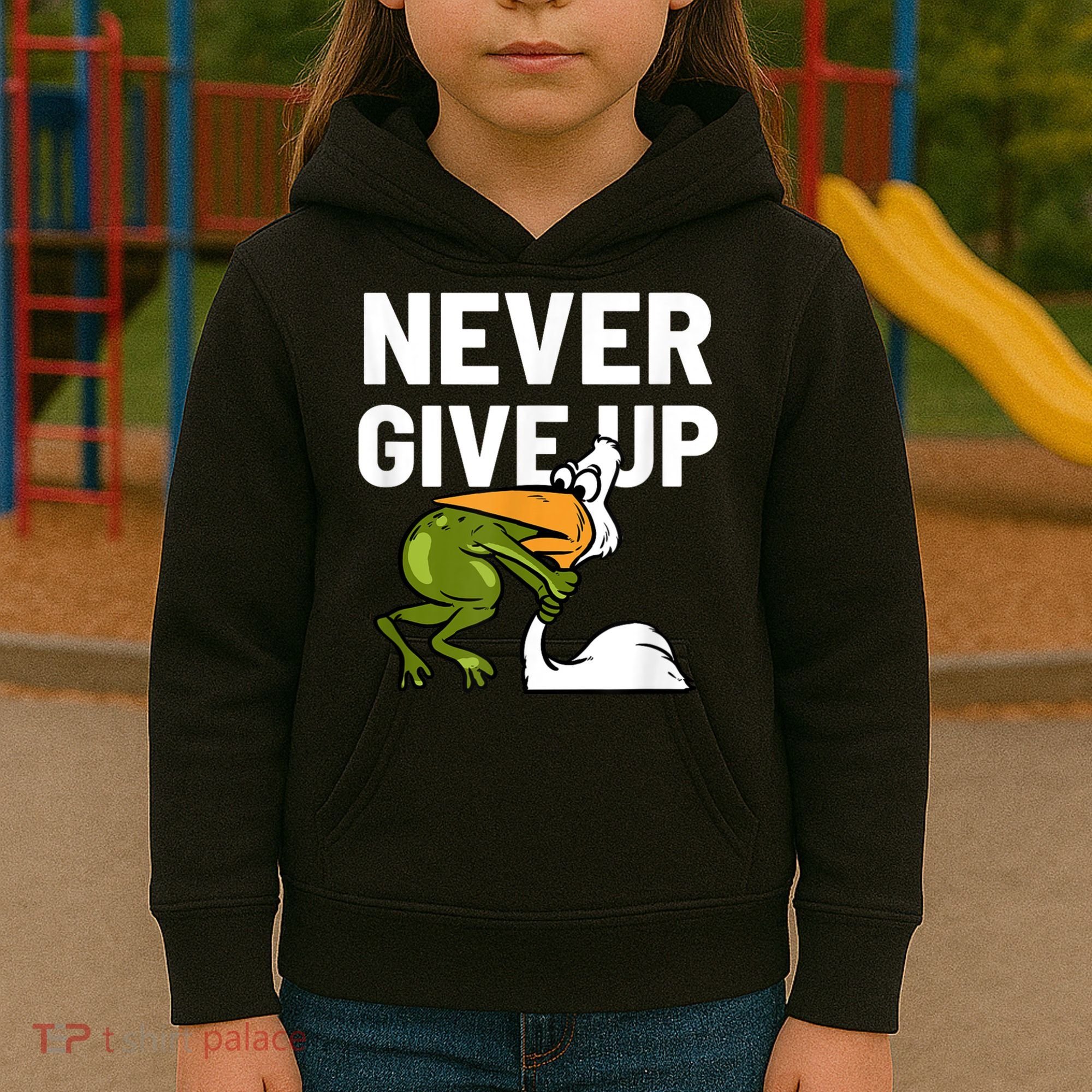 Never Give Up Frog Bird Choking Funny Motivation Kids Hoodie