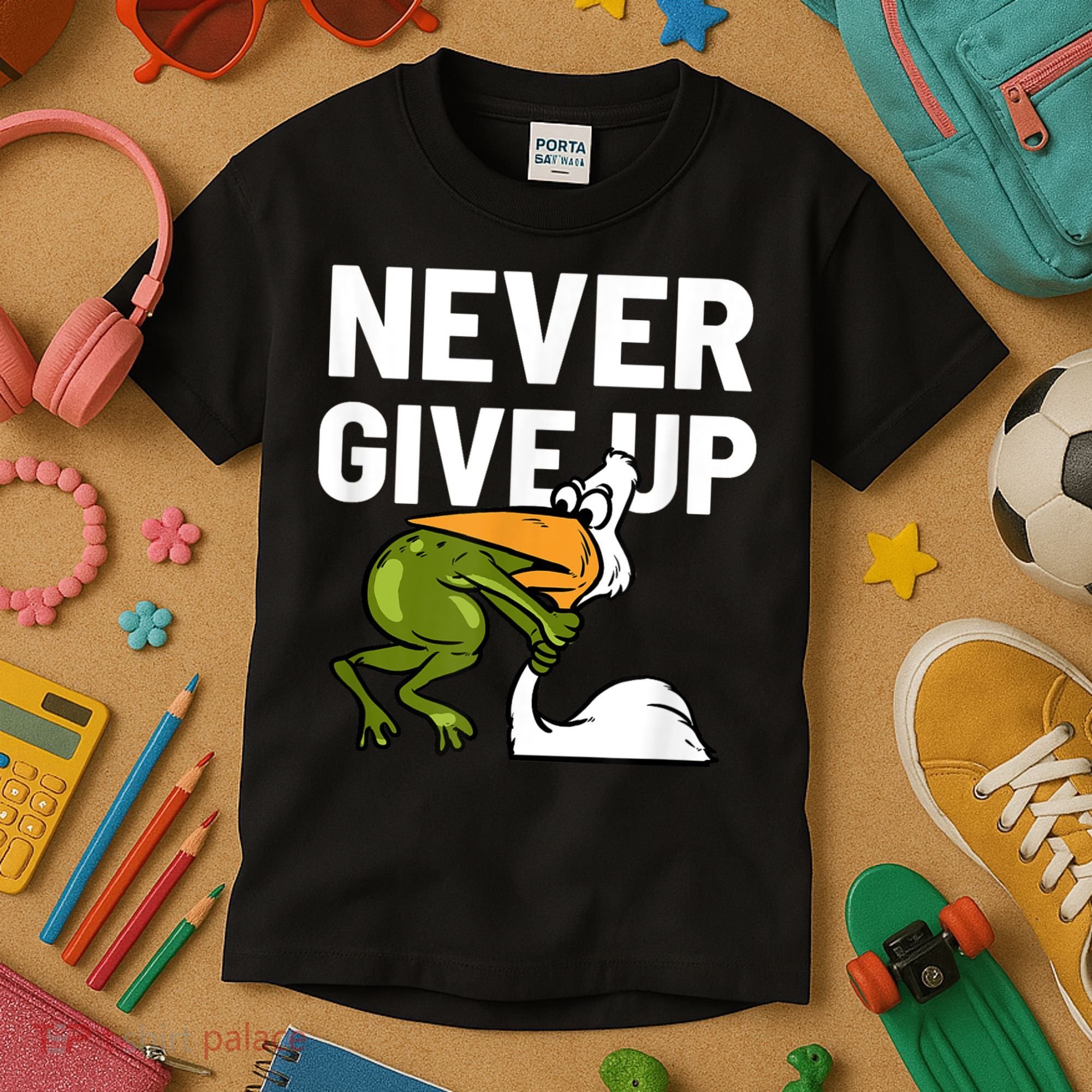 Never Give Up Frog Bird Choking Funny Motivation Kids T-Shirt