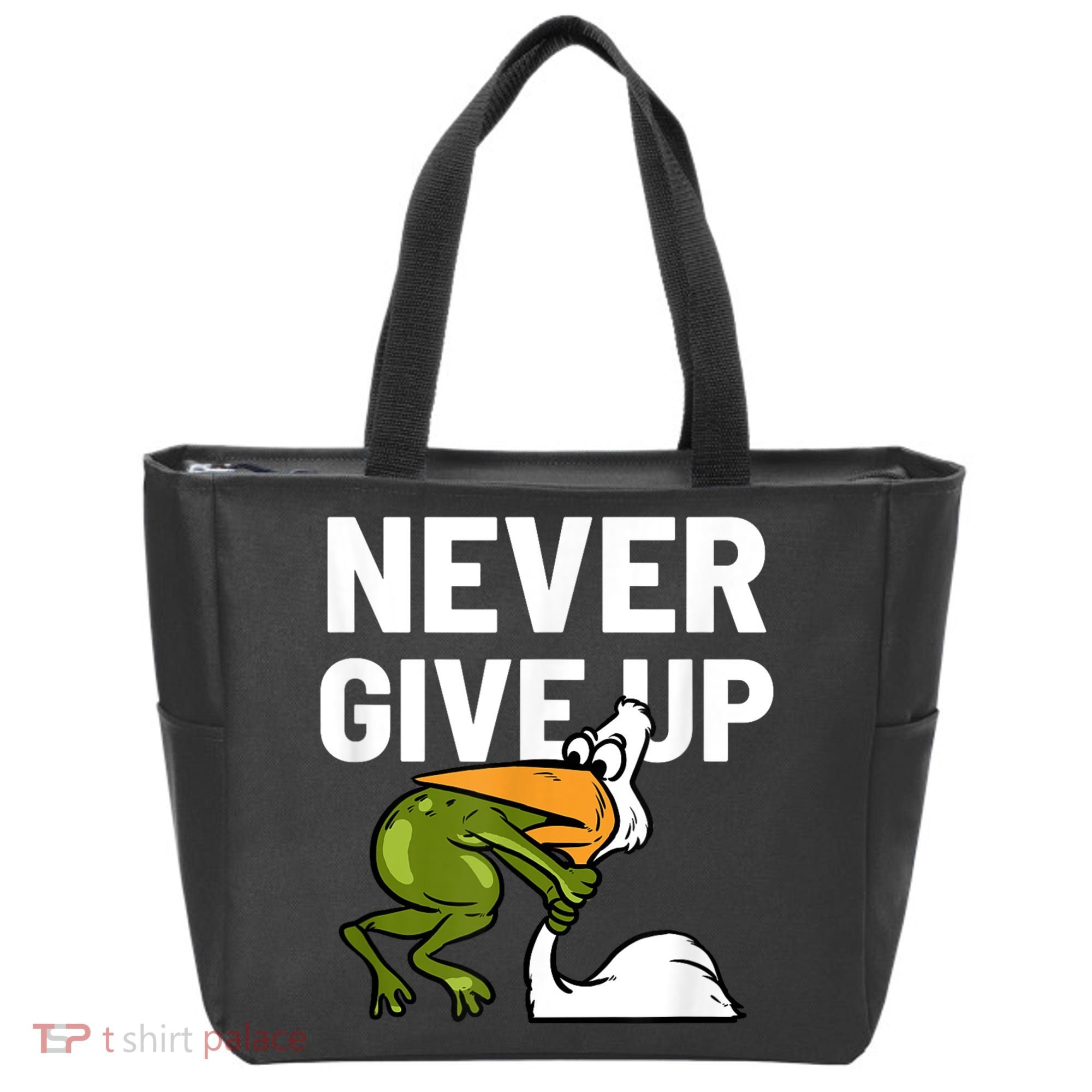 Never Give Up Frog Bird Choking Funny Motivation Tote Bag