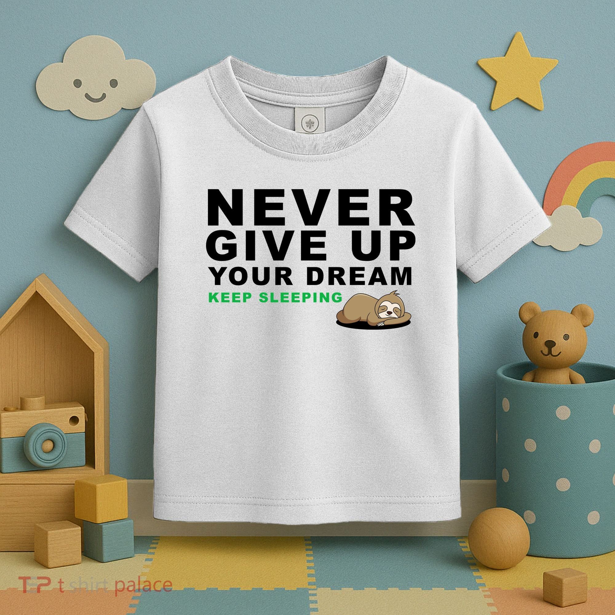 Never Give Up Your Dream Keep Sleeping Funny Sloth Toddler T-Shirt
