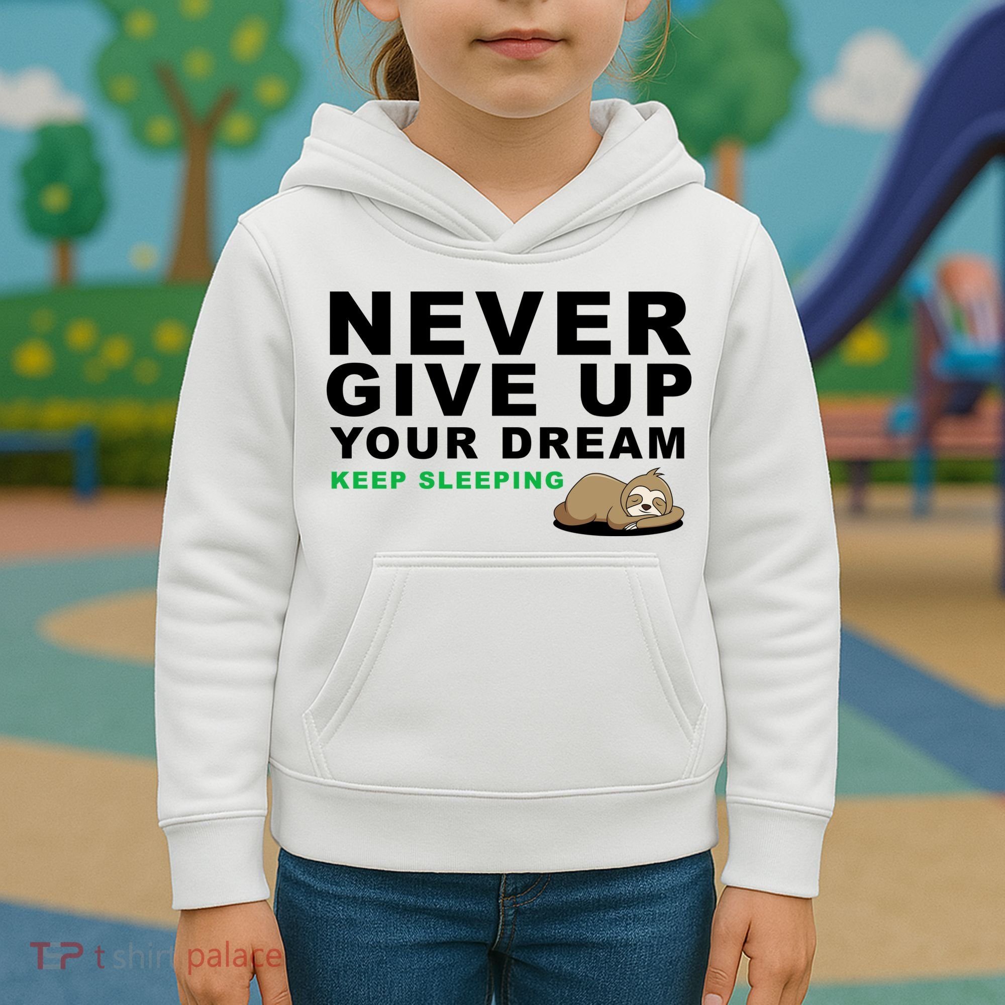 Never Give Up Your Dream Keep Sleeping Funny Sloth Kids Hoodie