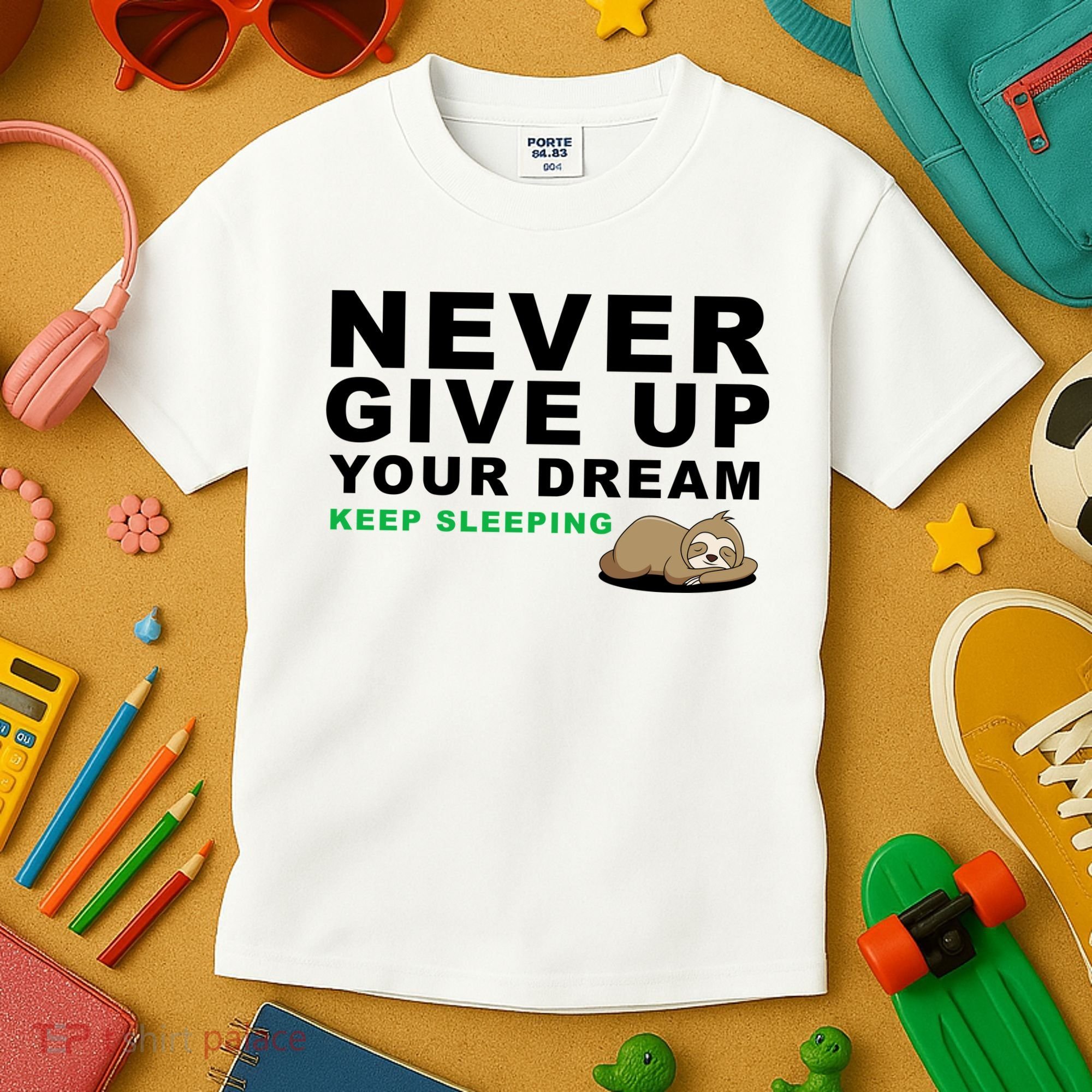 Never Give Up Your Dream Keep Sleeping Funny Sloth Kids T-Shirt