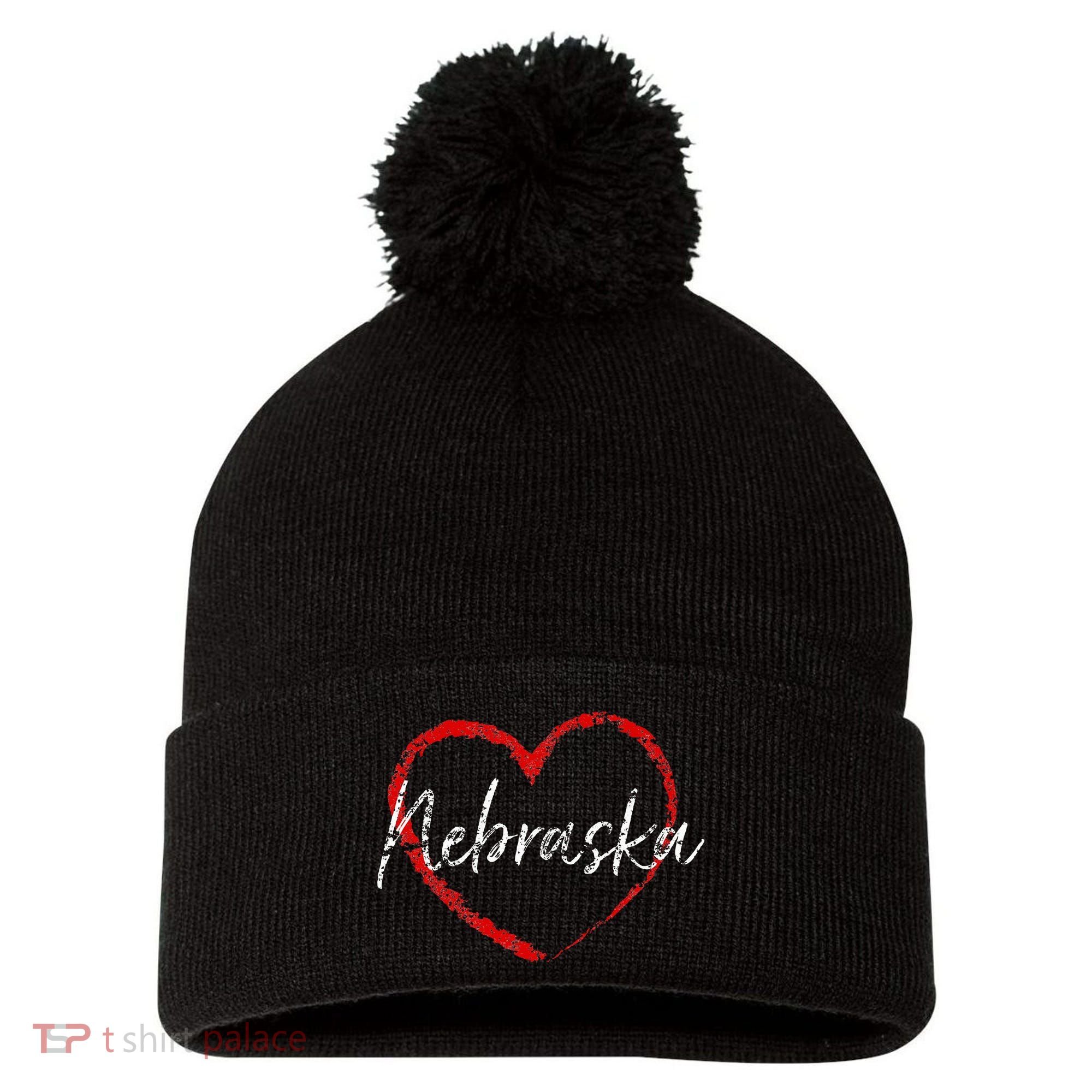 Nebraska Heart Cute Ladies Mom Gift Pom Pom 12in Knit Beanie